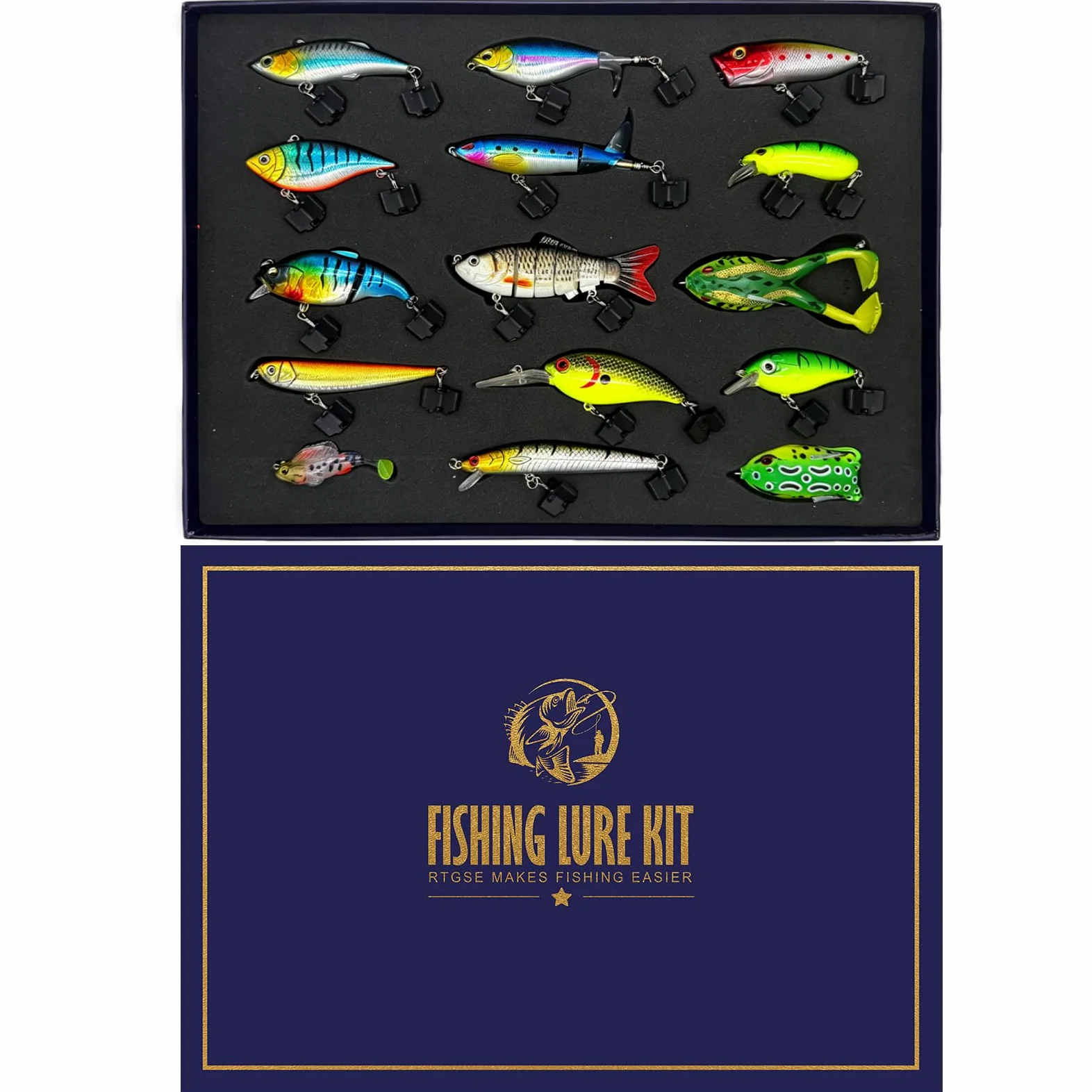 Regalo de pesca para hombres, kit de señuelos de pesca para lubina, trucha, lucio, salmón, juego de señuelos de pesca con caja de regalo premium, equipo de pesca de agua dulce y salada, regalos para
