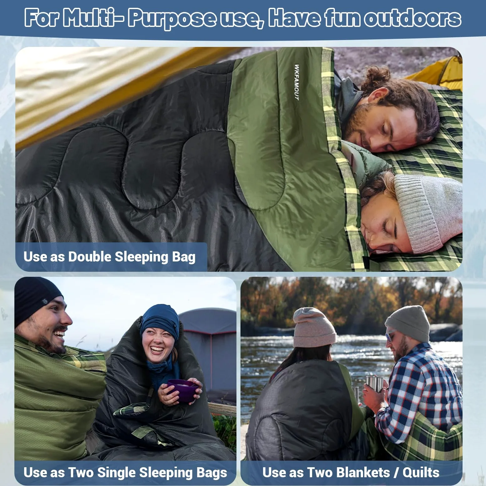 Saco de Dormir Doble de Franela de algodón 220 x 150 cm para Adultos 3-4 Estaciones Saco de Dormir Doble para Exteriores Mantente Caliente Impermeable para Camping Senderismo o Senderismo