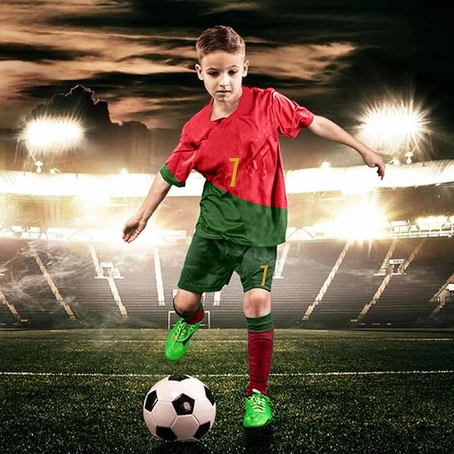 Ronronner Conjunto de fútbol para niños, con camiseta, pantalones cortos y calcetines, camiseta roja de jersey de manga corta con el nro. 7, para adultos y niños