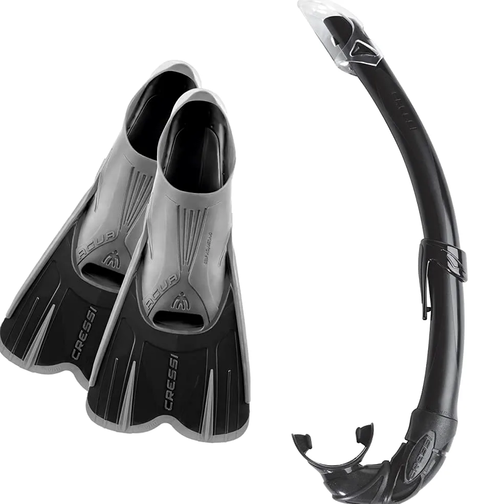 Cressi Agua Short Aletas de Snorkeling, Unisex Adulto, Negro/Plata, 45/46 + Mexico Tubo De Snorkel, Unisex-Adult, Negro, Un Tamaño
