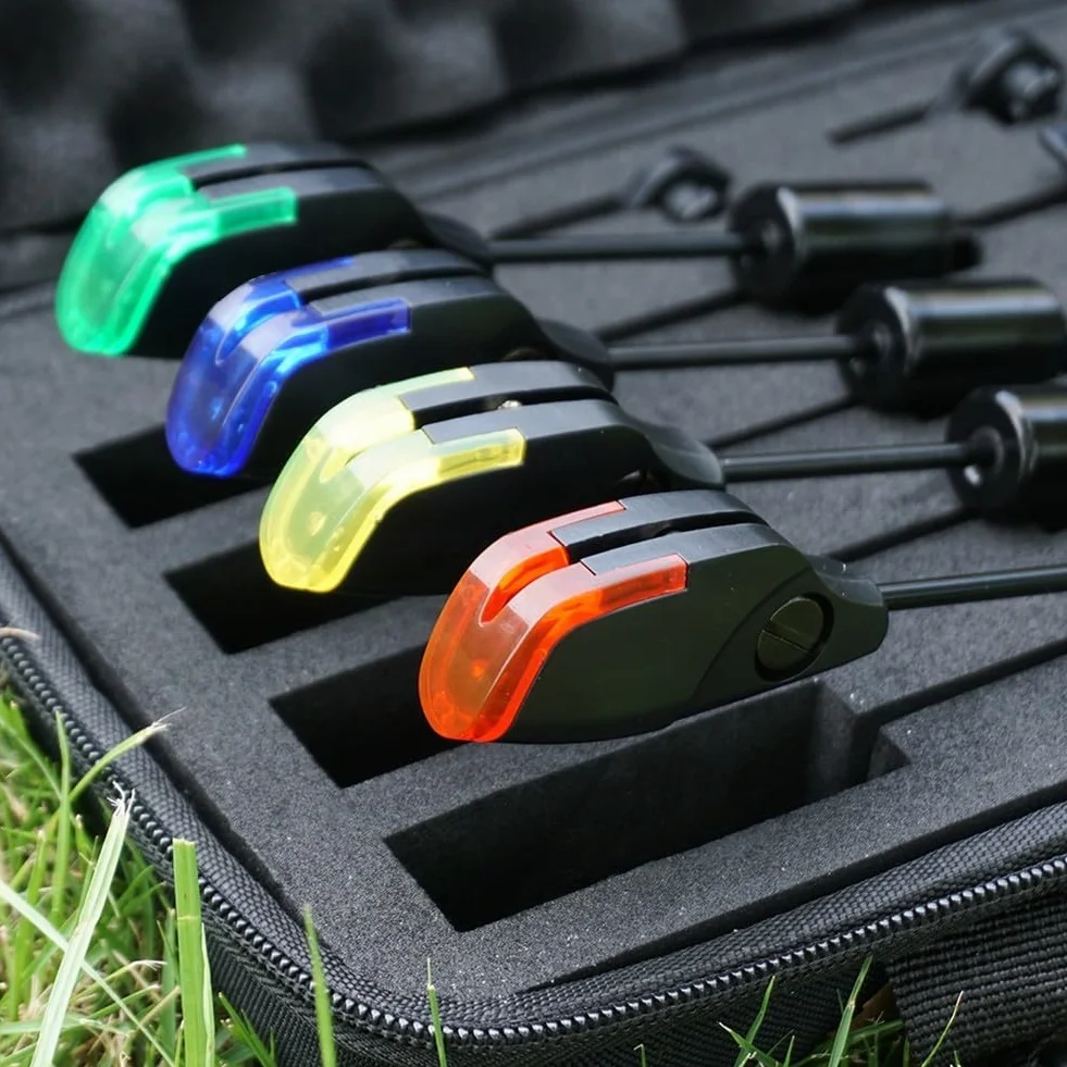 4 alarmas de pesca de carpas con indicadores de luz LED, parte superior de bola magnética y asiento base extraíble, alarma de mordida de punta de caña de 240 mm para pesca nocturna, estándar de 2,5 mm