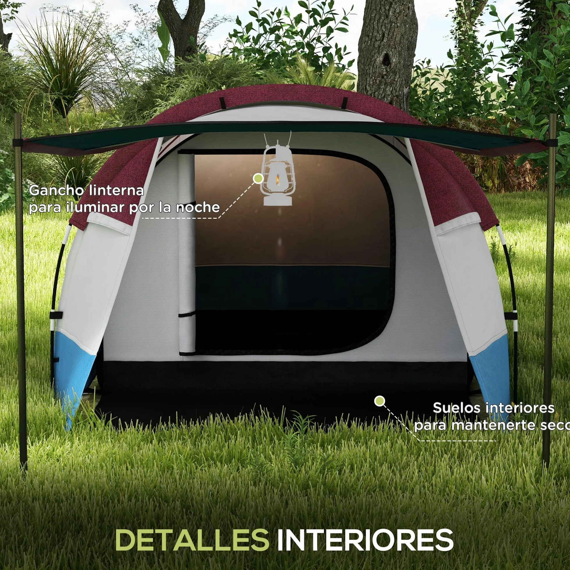 Outsunny Tienda de Campaña Familiar para 3 Personas Tienda Camping Plegable Ligera con 2 Habitaciones Bolsa de Transporte Impermeable 2000 mm para Playa Senderismo 420x200x150 cm