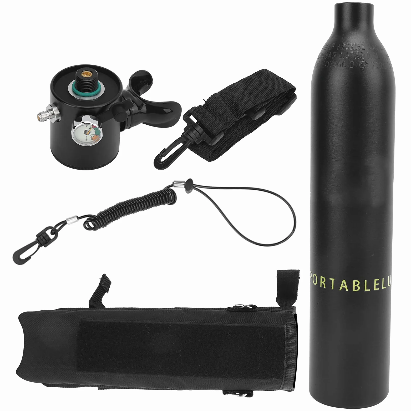 Tanque de Buceo Portátil de 0,5 L Cilindro de Oxígeno Subacuático de Fácil Respiración para Bucear con Bolsa de Almacenamiento y Manómetro Luminoso para Salvavidas