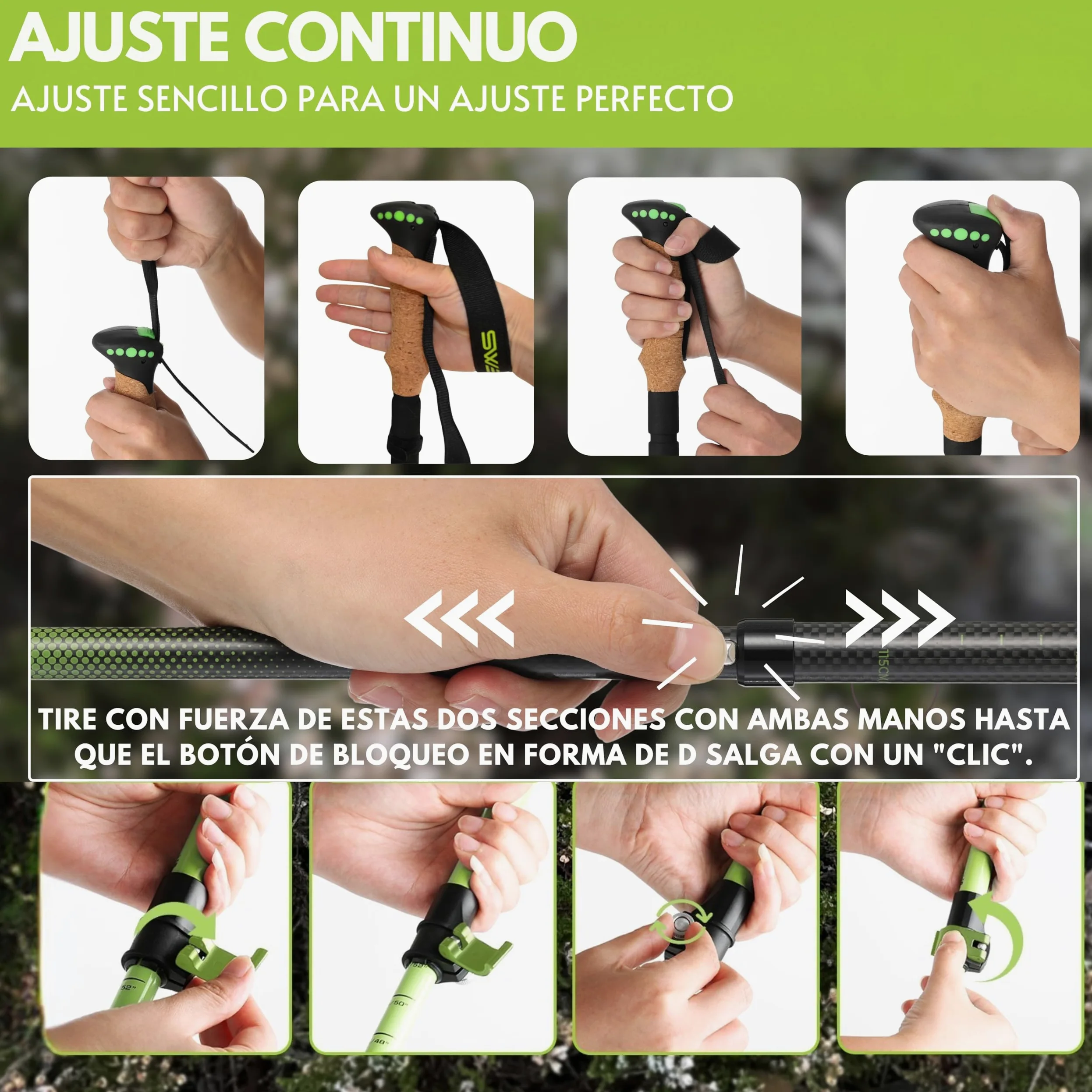 Bastones de Senderismo Plegables (35cm Plegados) - Carbono 3K o Aluminio 7075 - Telescópicos 115-135cm - Ultraligeros & Compactos - Mango de Corcho - Hombre & Mujer