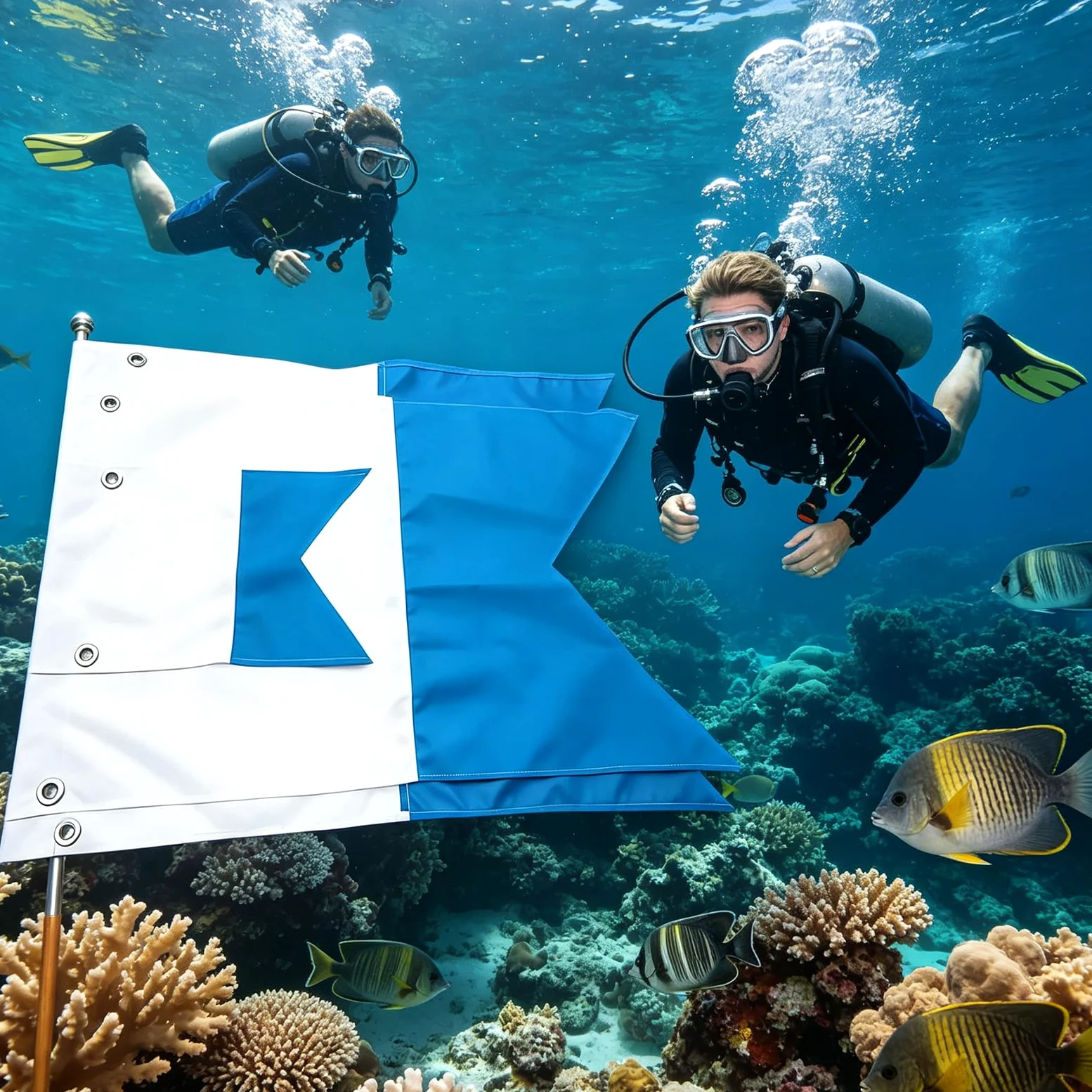 Generisch Set de banderas flotantes de buceo, 35 x 25 cm, 75 x 60 cm, 80 x 50 cm, tamaño azul y blanco, para actividades marinas y seguridad en la piscina, bandera de seguridad para snorkel
