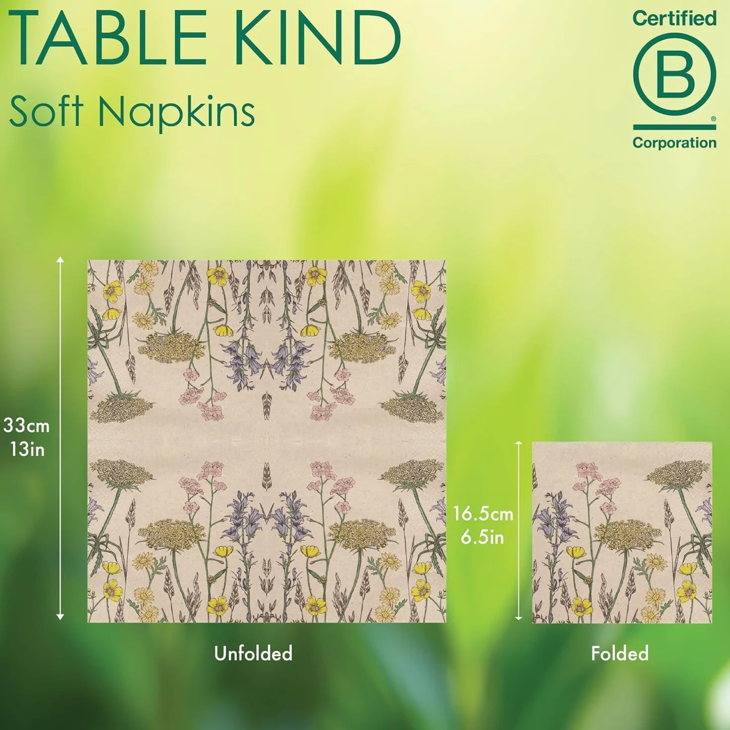 Servilletas de Papel Reciclado Kraft Suave 2 Capas 33cm Flores Silvestres