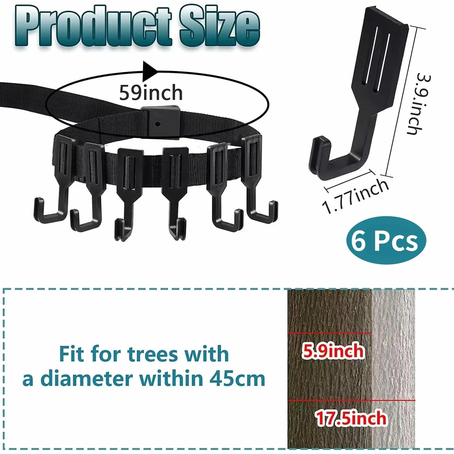 Colgadores para Árboles de Equipo de Caza, Negro Gancho con Correas de Trinquete, Soportes de Silla de Árbol Resistentes, Soporte para Árbol al Aire Libre para Caza (1 Correa con 6 Ganchos)