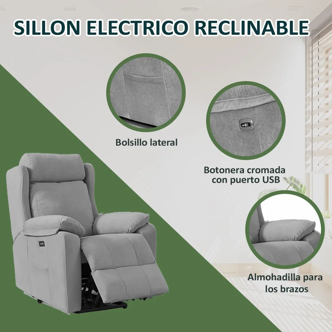 Sillón Relax Reclinable Eléctrico Gravedad Cero Desenfundable Madera de Pino Gris