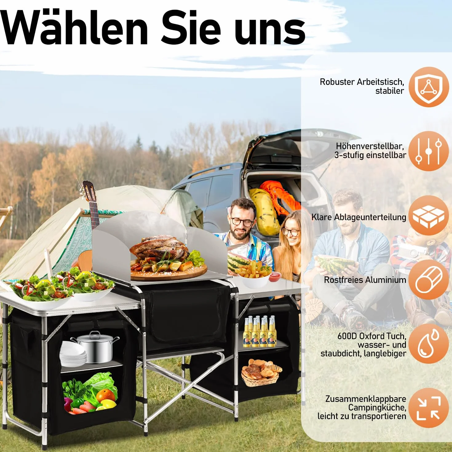Cocina de camping, armario de camping plegable con protección contra salpicaduras, bolsa de transporte, incluye muebles de camping, cocina de camping al aire libre, con estructura de aluminio,