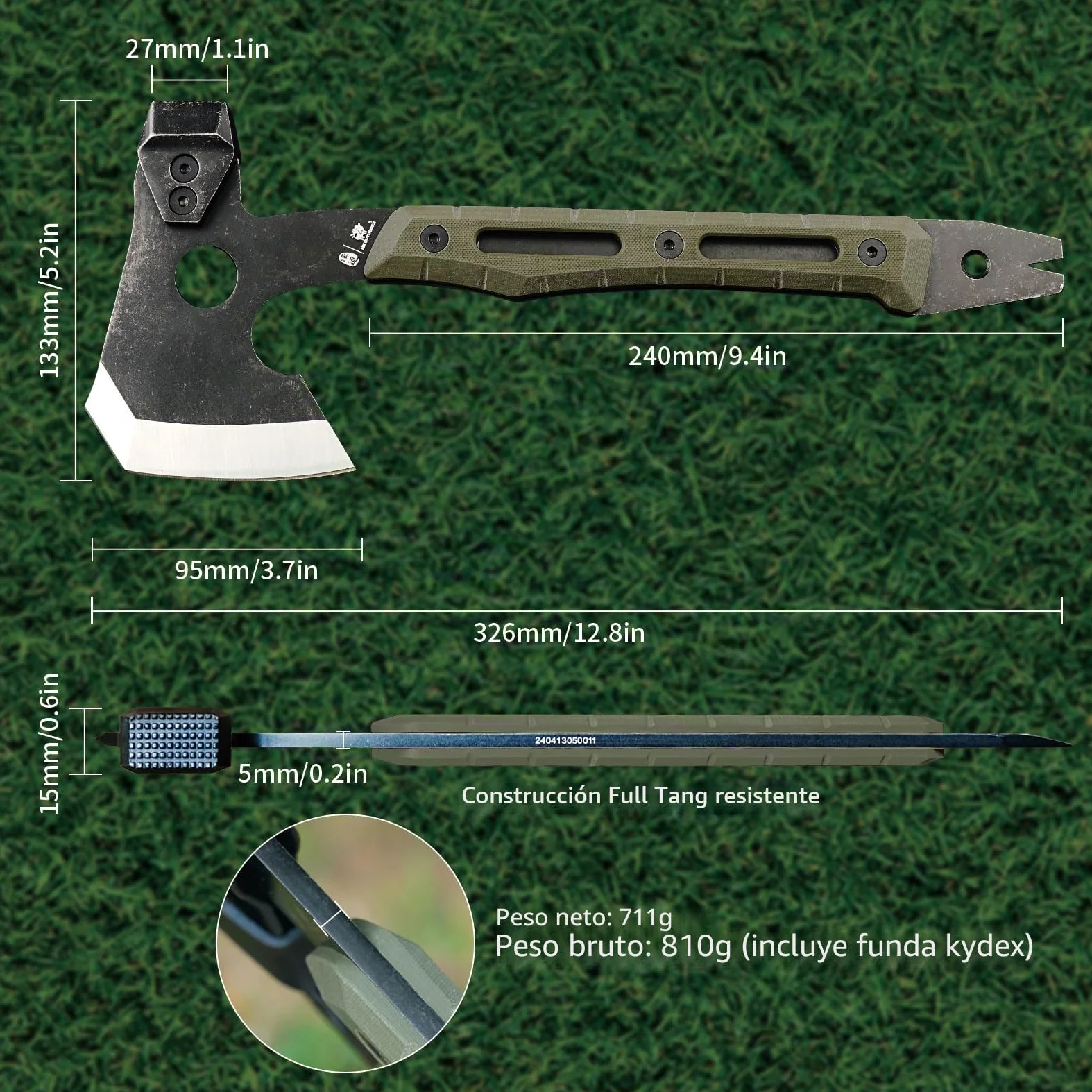 HX OUTDOORS Hacha de Partido Multifuncional, Hacha Táctica de Supervivencia y Campismo de Tanga Completa，Hachas de Mano para Campismo y Bushcraft con Martillo y Sacacorchos (Verde Militar)