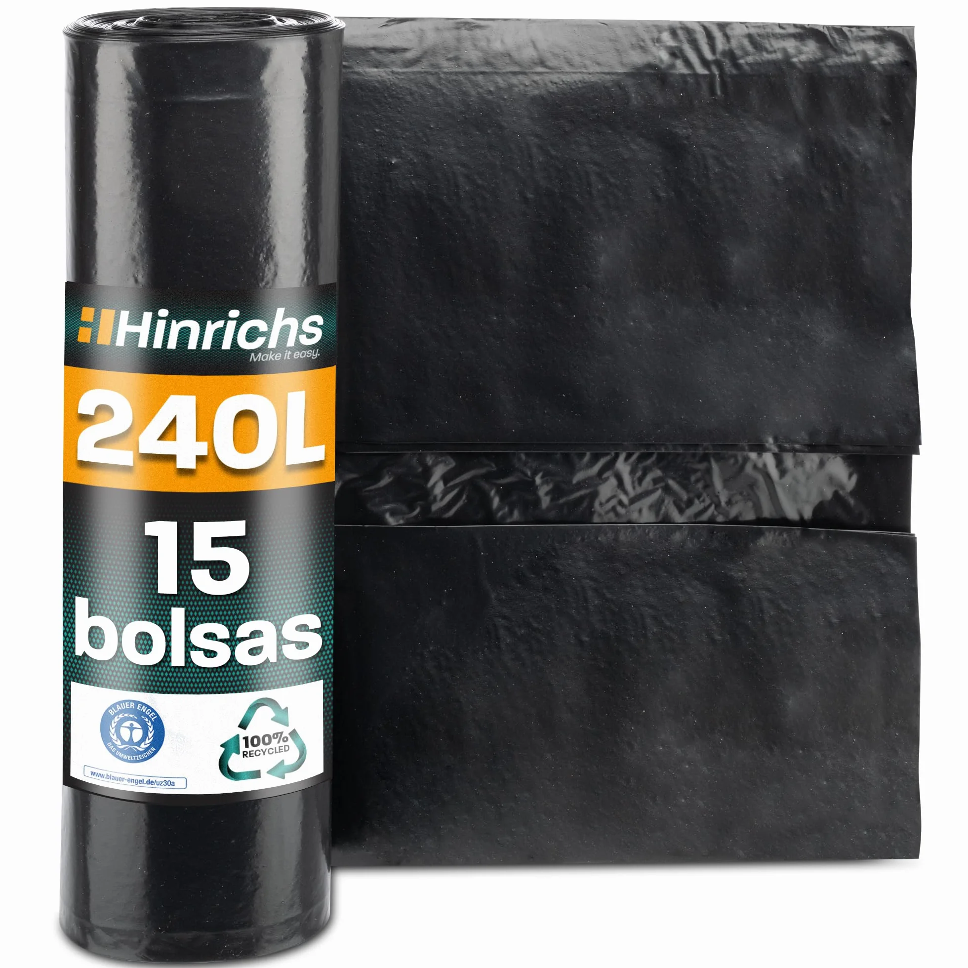 Hinrichs Bolsas de Basura Extrafuertes 240L 100x125 cm Rollo 15 uds Plástico reciclado LDPE