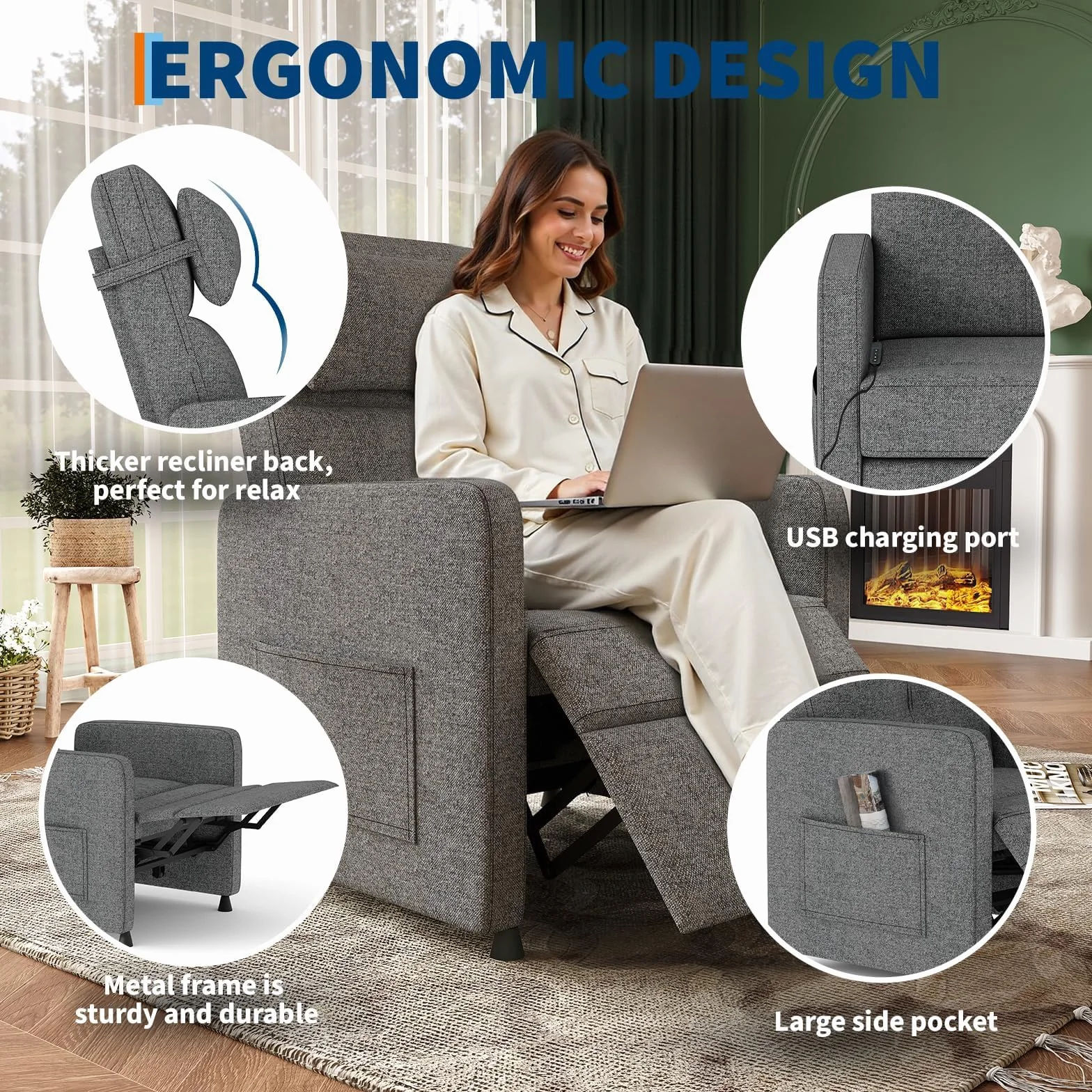 Sillón Eléctrico Reclinable con Masaje y Calor, Asiento de Lino, Respaldo y Reposapiés Ajustables 165°, Puerto USB, Soporte Lumbar