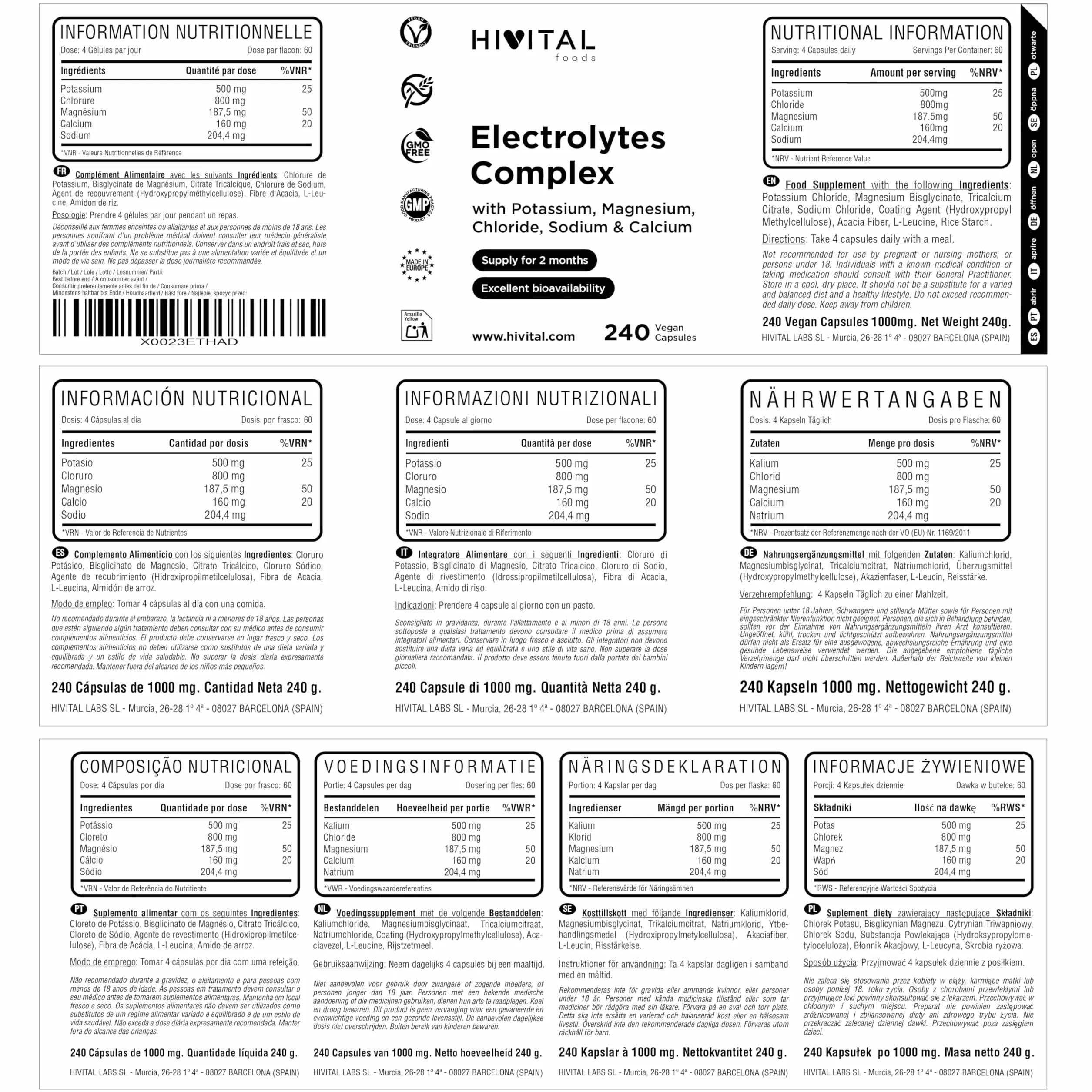 Electrolitos Complex 240 cápsulas veganas con Sales Minerales Potasio Magnesio Cloruro Sodio Calcio