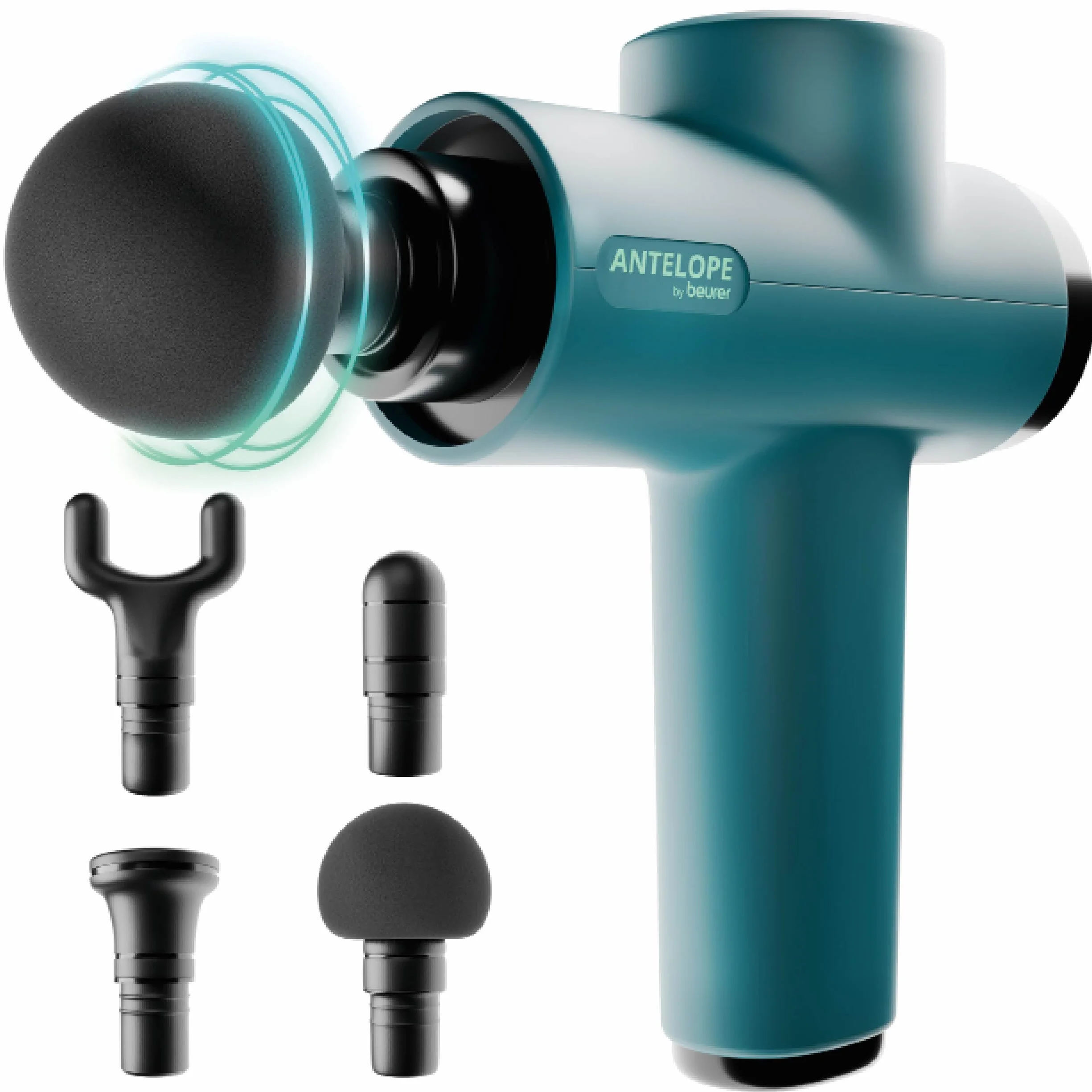 Beurer BOOM Pistola de masaje muscular, Massage Gun compacta, 4 accesorios, 5 niveles de intensidad, batería