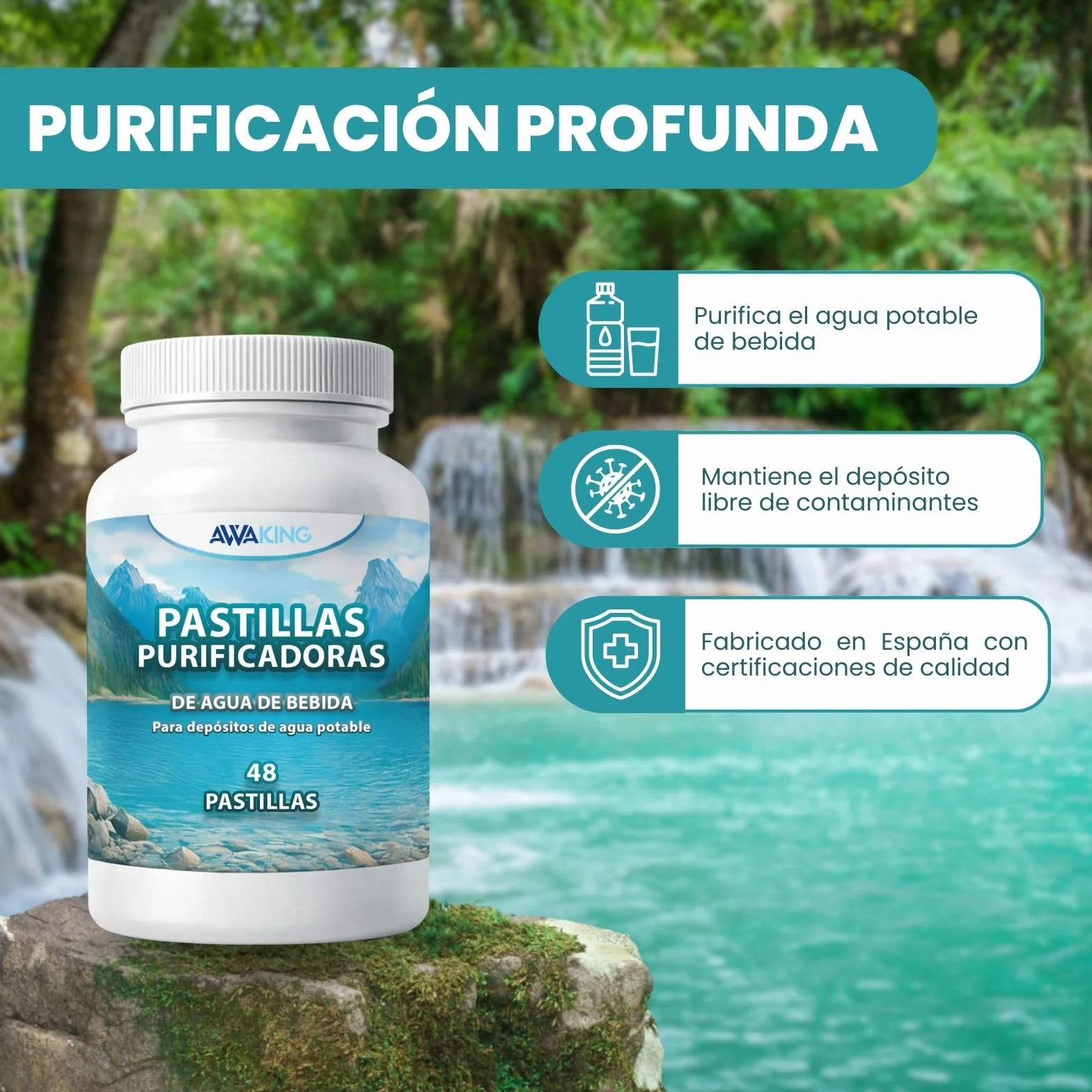 AWAKING Pastillas Potabilizadoras de Agua 48 uds | Tratamiento hasta 9600 Litros | 200L por Pastilla | Ideal para Depósitos, Bidones, Caravanas y Emergencias.