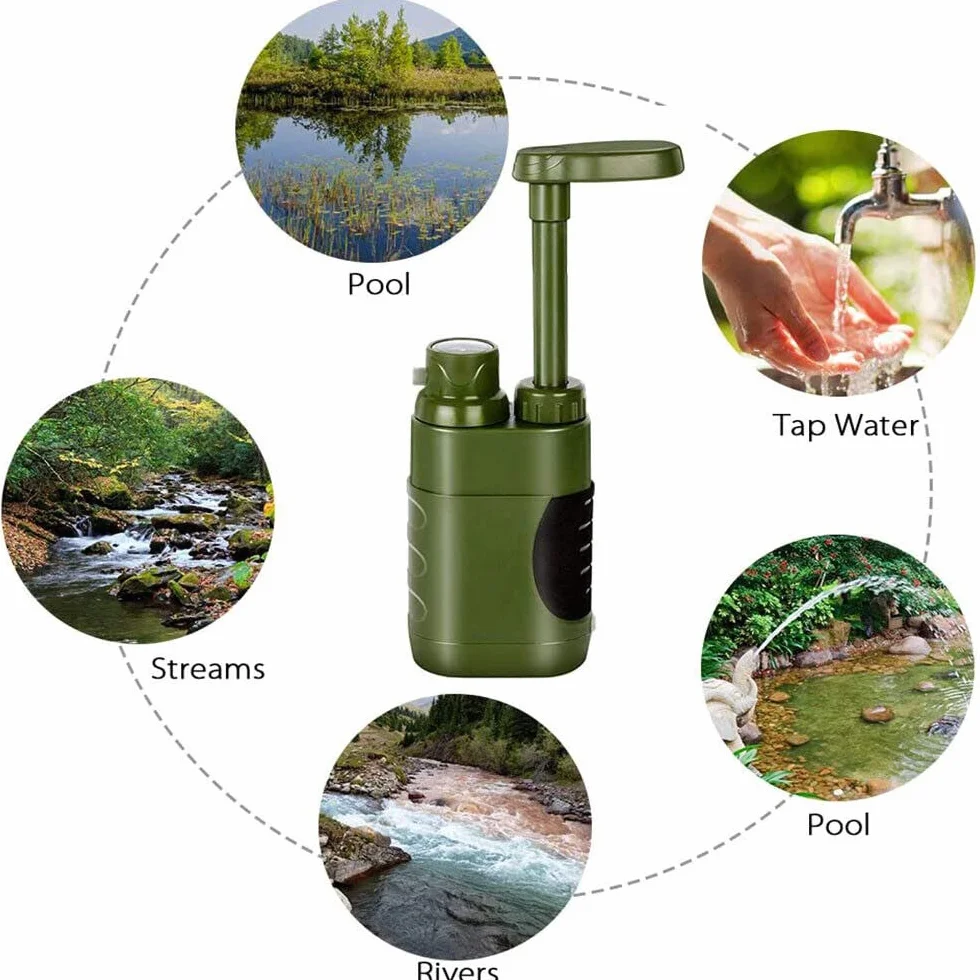 Namvo Filtro de agua para exteriores, tratamiento de agua potable, 3000 L, para supervivencia y camping, para equipo de emergencia, color verde militar