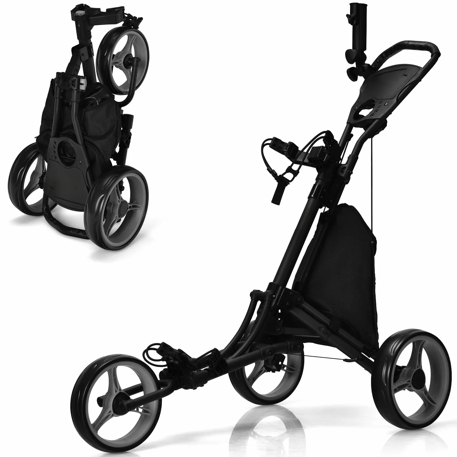 GYMAX Carro de Golf Plegable 3 Ruedas con Asa Ajustable, Soporte Paraguas y Portavasos