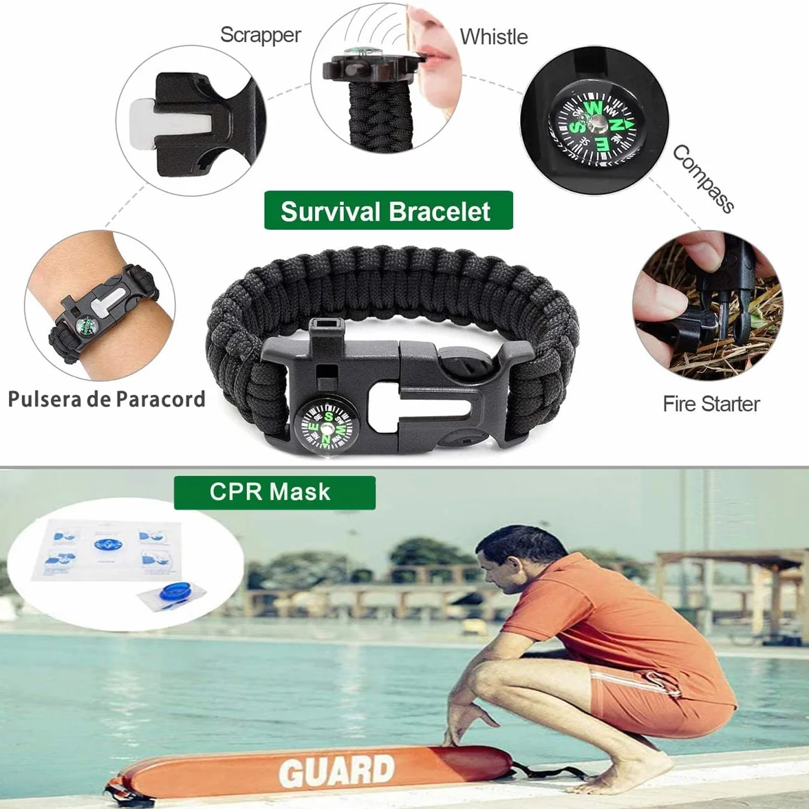 Kit de Supervivencia, 63 en 1 Multifuncional Equipo de Botiquín Primeros Auxilios, Regalos Ideales de Navidad y Cumpleaños para Hombres Supervivencia de Emergencia para Viajar Caminar Acampar