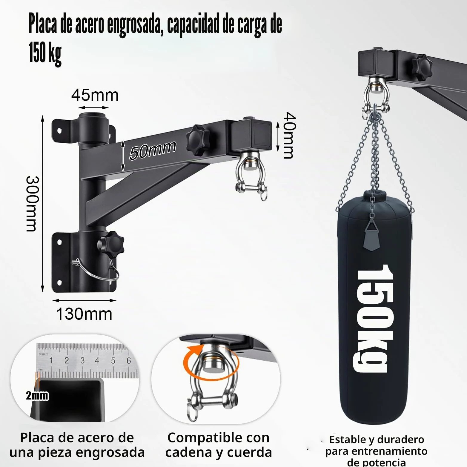 Soporte Saco Boxeo Pared, Colgador Ajustable 43-63cm, Rotación 180°, Soporta 150kg, para Muay Thai