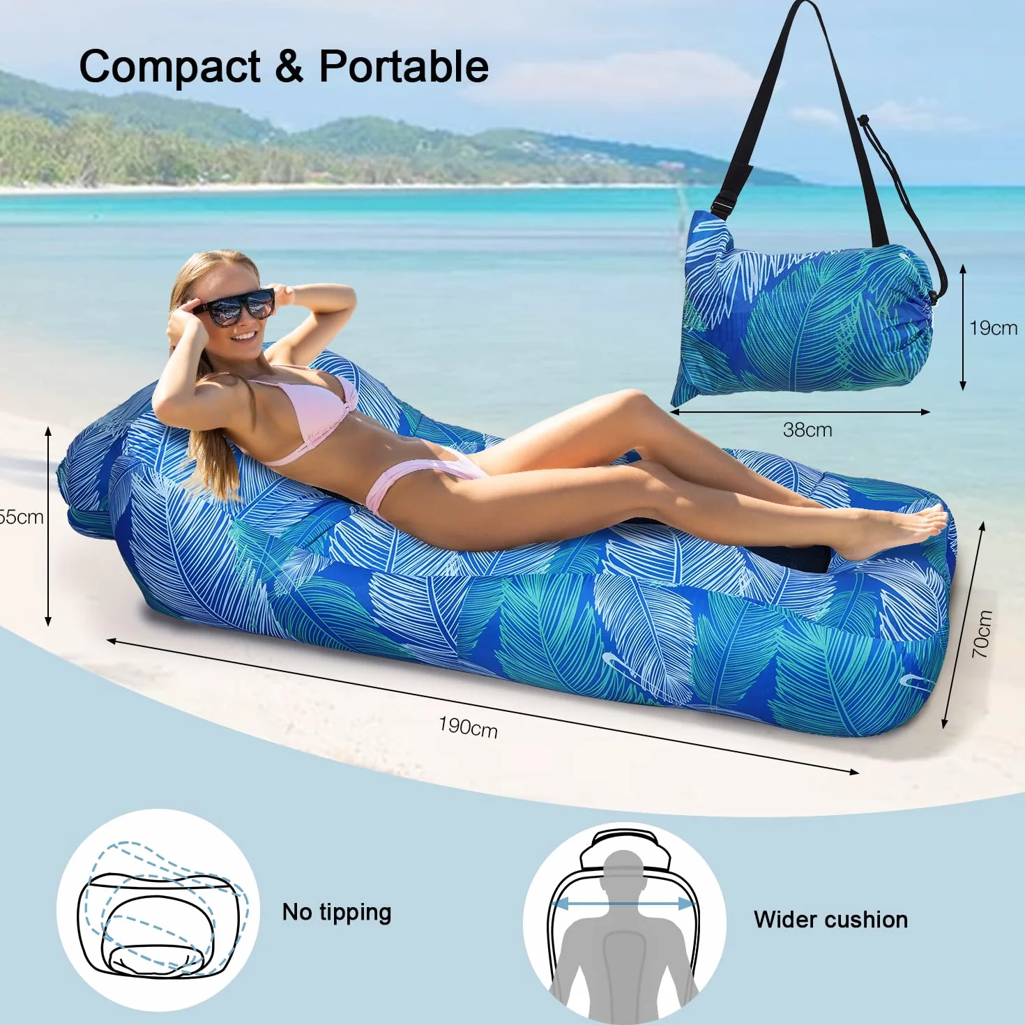 Tumbona inflable ligera y portátil, con respaldo de malla, sofá impermeable para acampar, playa, piscina, festival de música, azul Klein