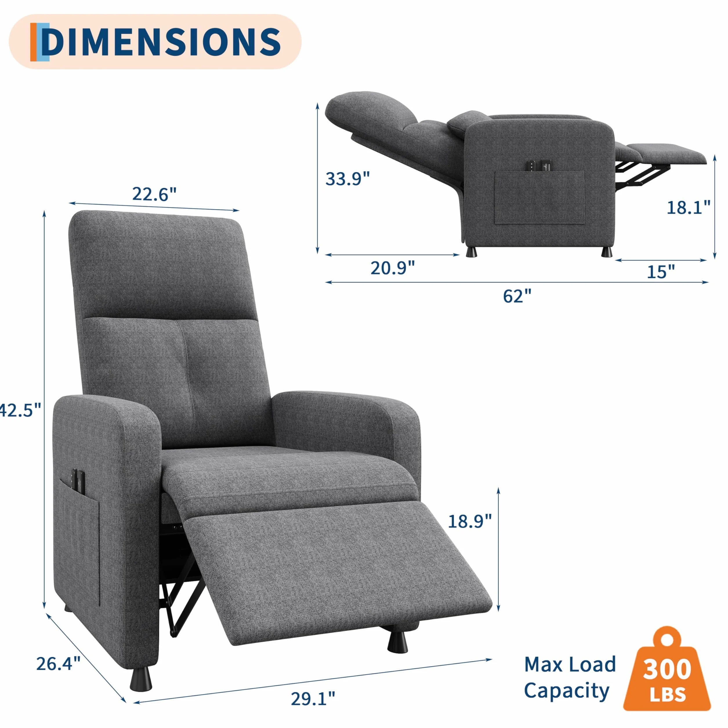 Sillón Eléctrico Reclinable con Masaje y Calor, Asiento de Lino, Respaldo y Reposapiés Ajustables 165°, Puerto USB, Soporte Lumbar