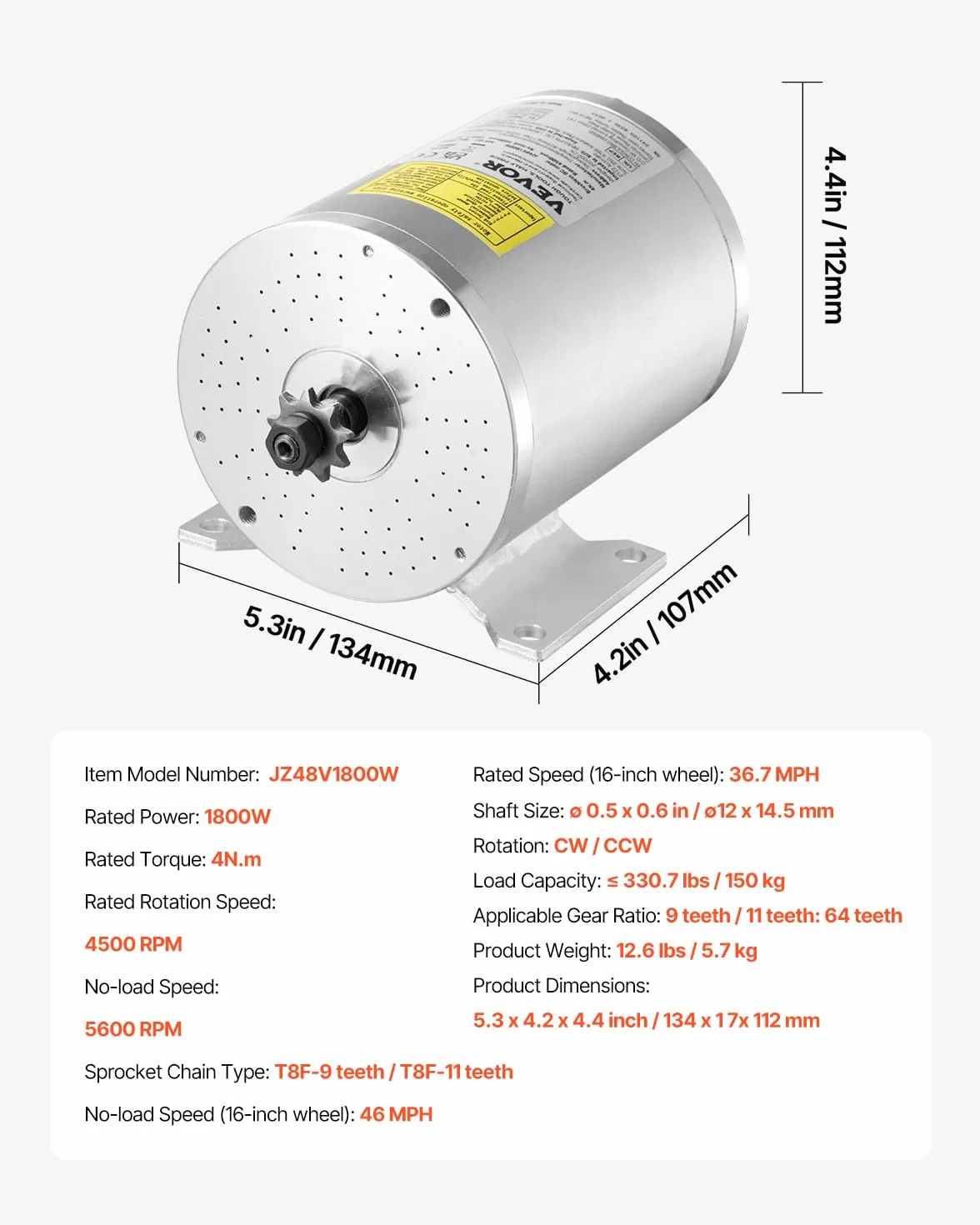 VEVOR Kit de Motor Eléctrico de CC sin Escobillas 1800 W 48 V 4500 RPM Controlador de Velocidad para Bicicletas Eléctricas