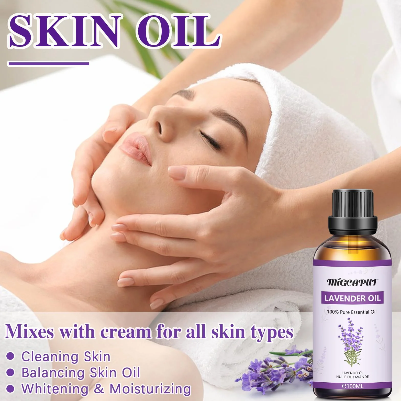 Aceite Esencial de Lavanda 100ML 100% Puro Natural para Aromaterapia, Cuidado de la Piel y Anti Acné