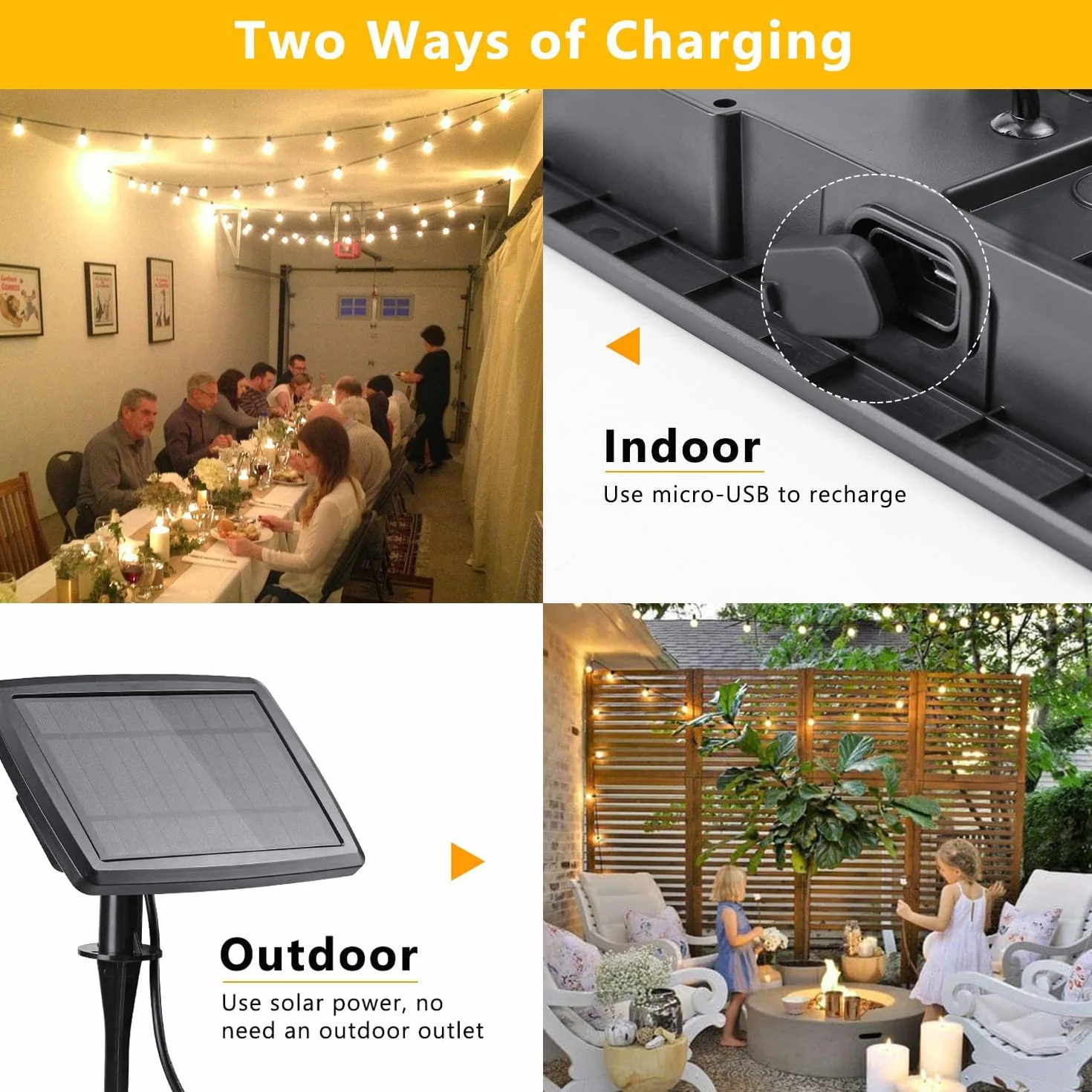 Joomer Luces Solares LED Exterior Jardin USB Recargable 15,6M Guirnaldas 25+2 G40 Bombillas 4 Modos Blanco Cálido Impermeable