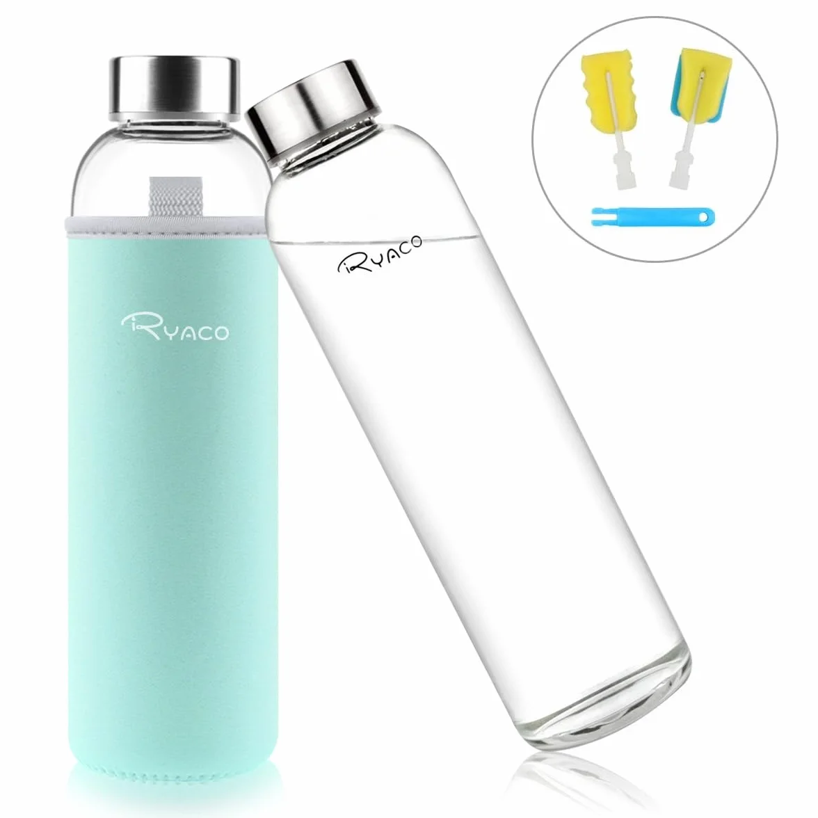 Ryaco Botella de Vidrio 550 ml/750 ml/1000 ml/1L, Botella de Vidrio de Borosilicato con Cubierta Protectora para Bebidas Frías y Calientes,sin BPA,con Cepillo de Esponja