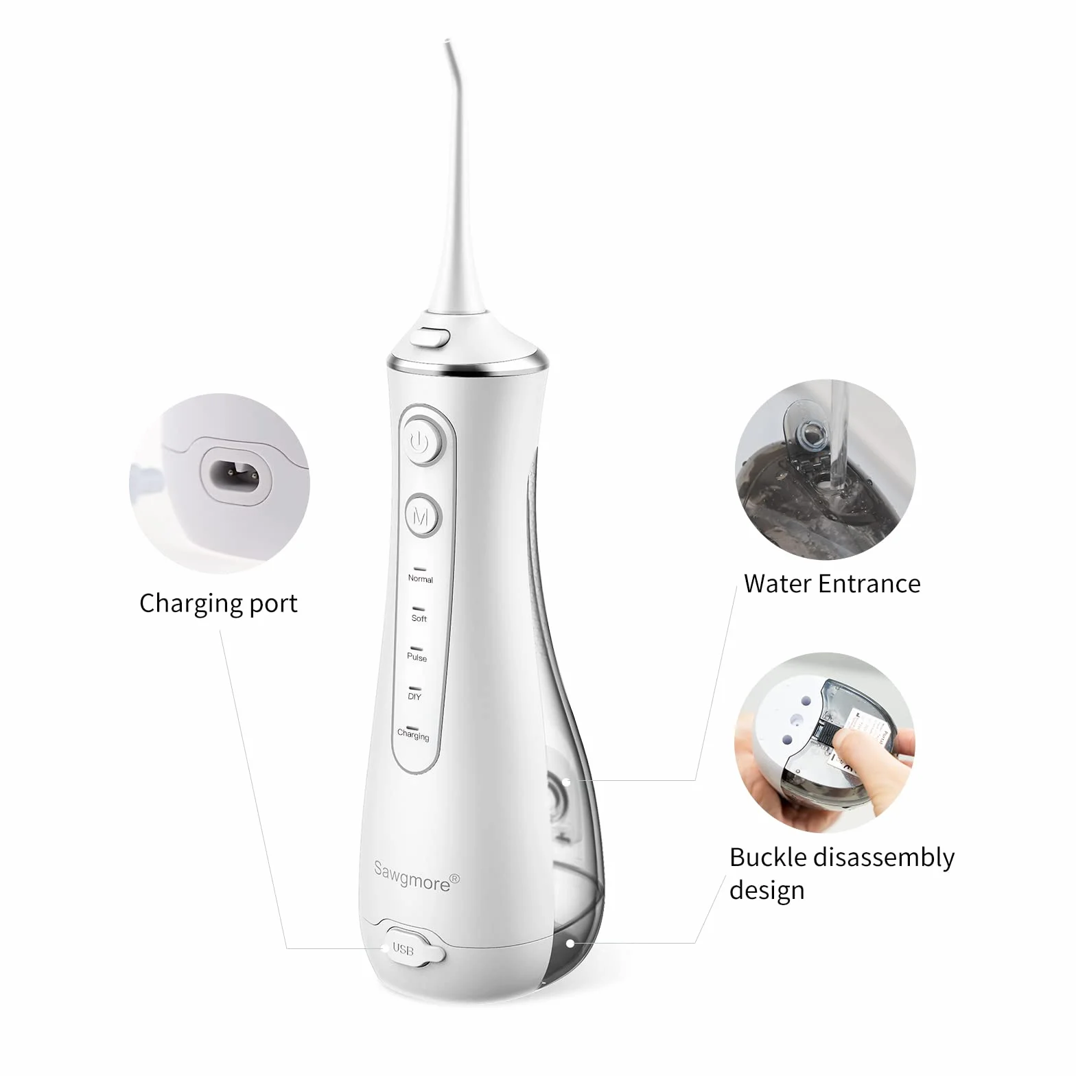 Sawgmore Irrigador Bucal Portatil, Recargable USB, Impermeable IPX7, 4 Modos y 4 Boquillas
