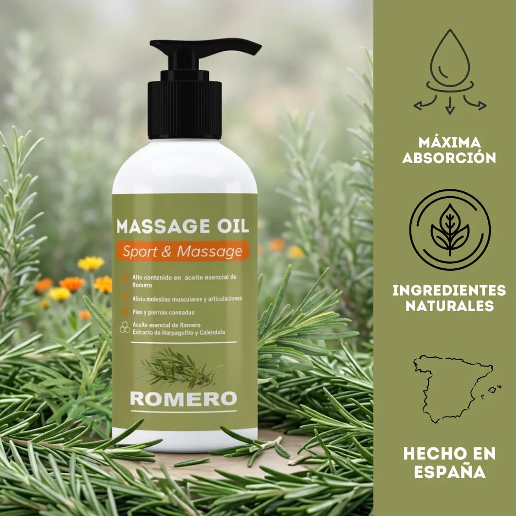 Aceite de Romero para Masaje 250 ml con Aceite Esencial de Romero, Harpagofito y Caléndula