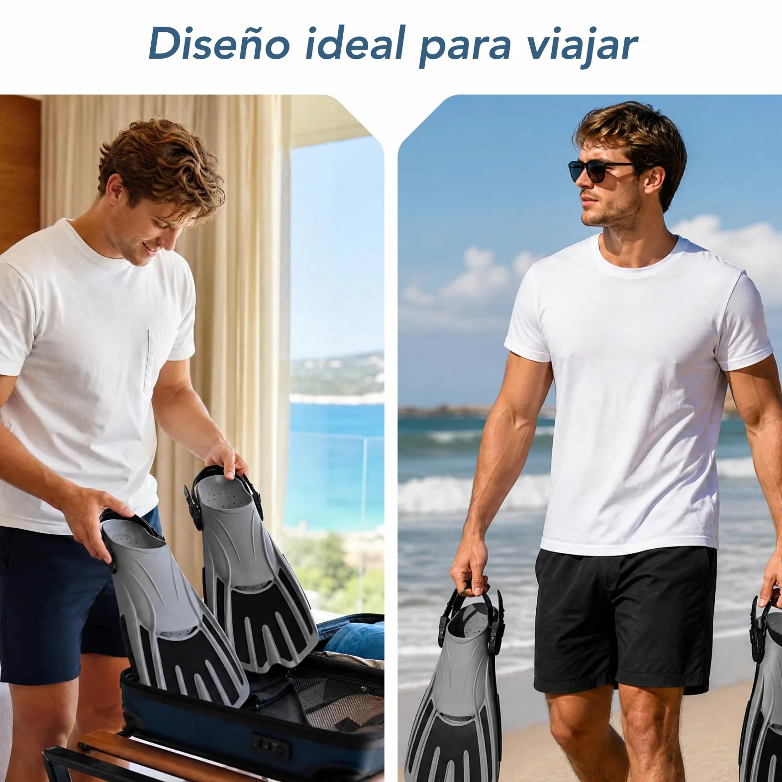 TOMSHOO Aletas de snorkel cortas ajustables con talón abierto para adultos, hombres, mujeres para bucear, bucear, viajar