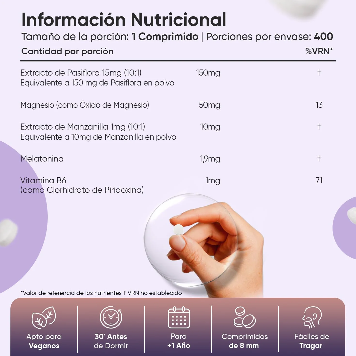 Melatonina 1,9 mg Complex con Magnesio, Vitamina B6, Pasiflora y Manzanilla 400 Comprimidos Liberación Prolongada Sin Gluten Vegano