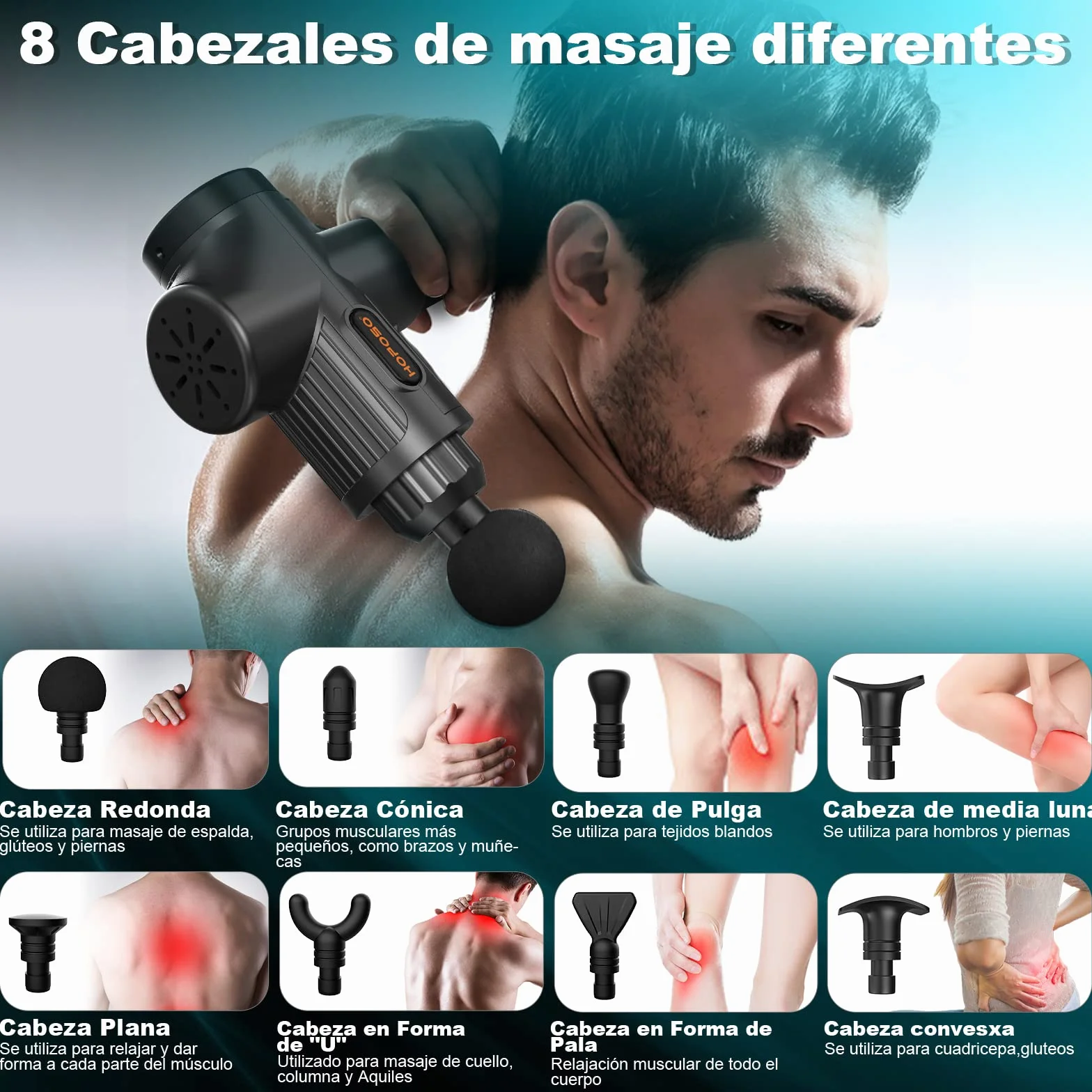 Pistola de Masaje Muscular Eléctrica 30 Velocidades 8 Cabezales Pantalla LCD Táctil Negro