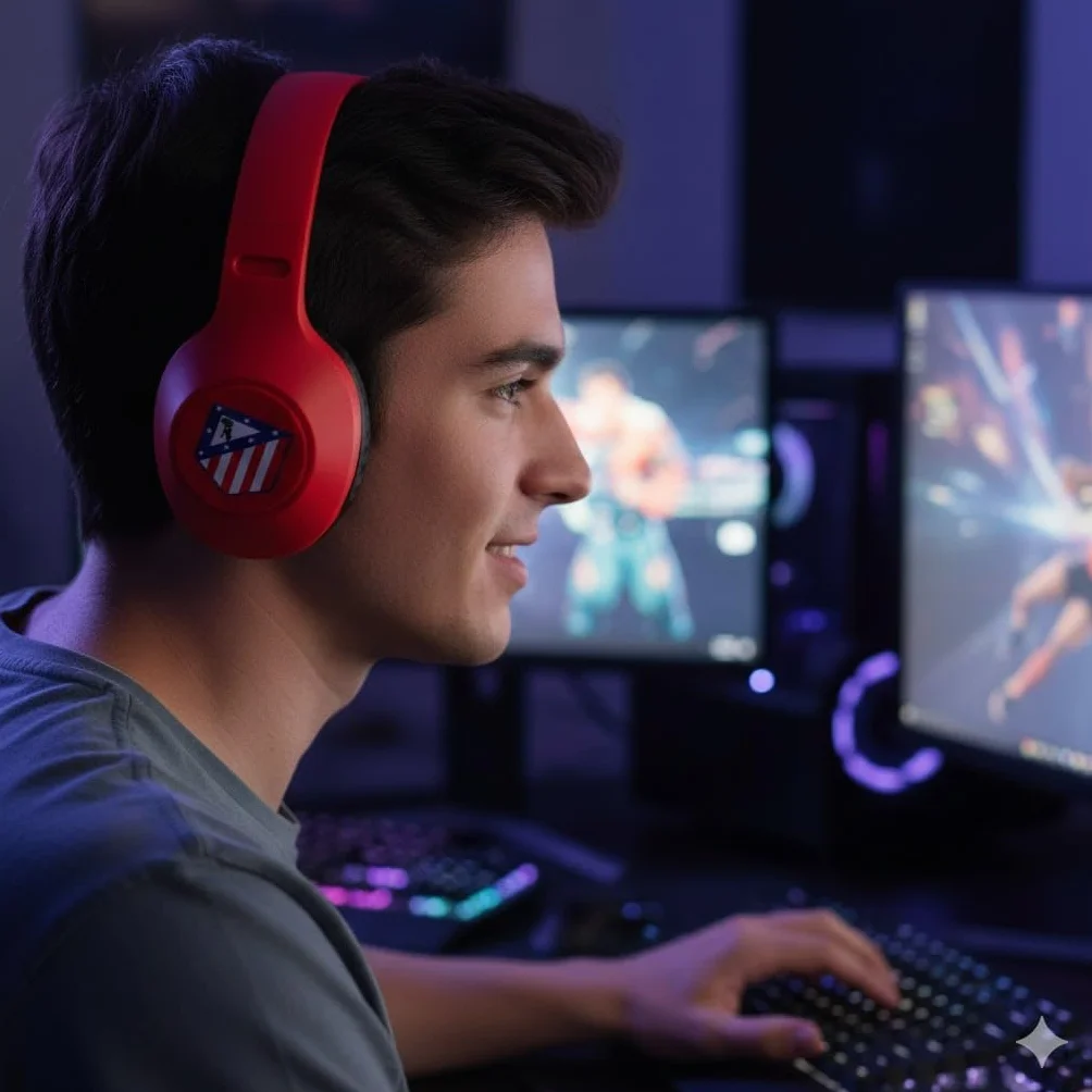 Genérico Auriculares Oficiales Atlético de Madrid con Bluetooth – Cascos Ergonómicos con Sonido Diseño Rojiblanco. Color Rojo.