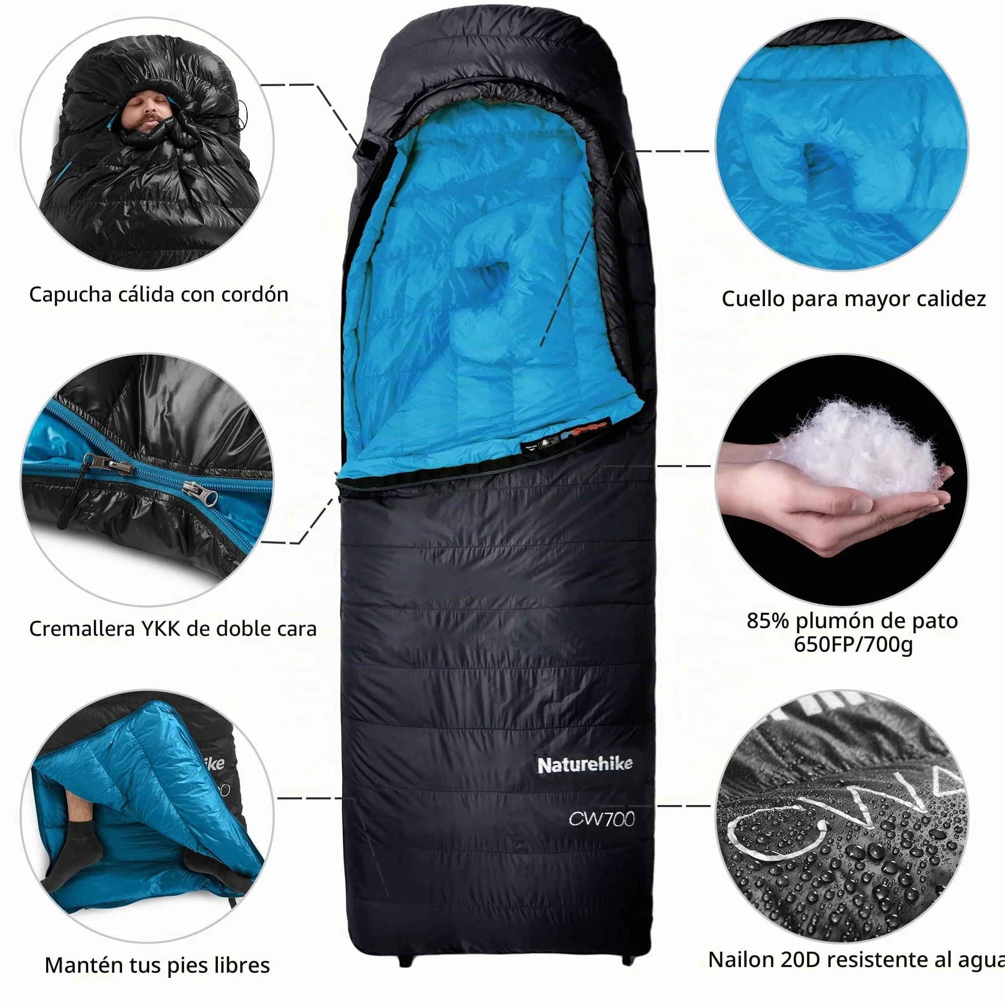 Naturehike CW700 Saco de dormir de plumón ultraligero portátil compacto invierno saco de dormir 4 estaciones para adultos y niños al aire libre camping senderismo viajes con saco de compresión
