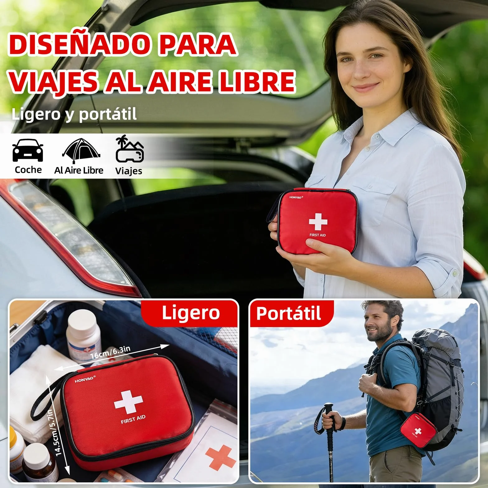 HONYAO Botiquin de Primeros Auxilios 125 Piezas, Portátil Kit de Primeros Auxilios para Coche Casa Trabajo