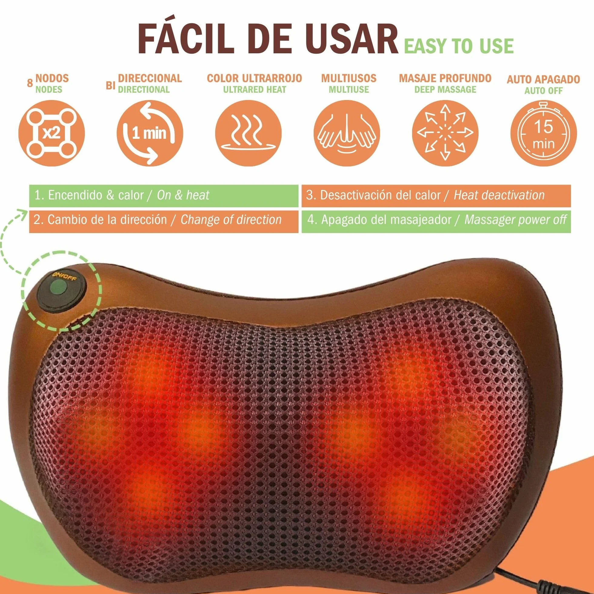 Masajeador Cervical y Espalda Cojín Eléctrico con Calor Funda Extra Marrón Almohada Shiatsu 8 Rodillos