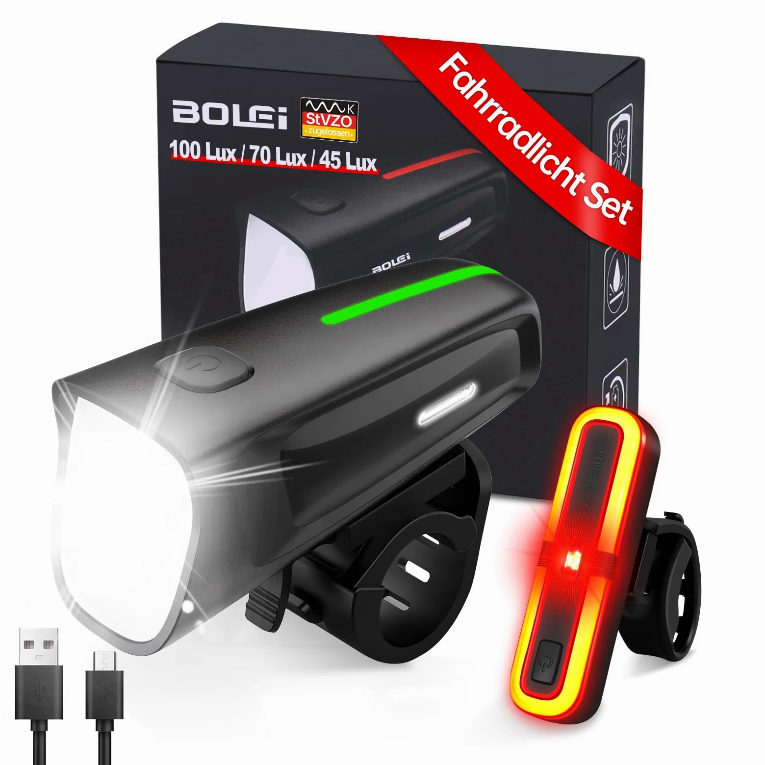 BOLEi Juego de luces LED para bicicleta, 100 lux, homologadas por StVZO, iluminación de bicicleta recargable por USB, IPX5, resistente al agua, batería baja, luz delantera y trasera con luz de freno