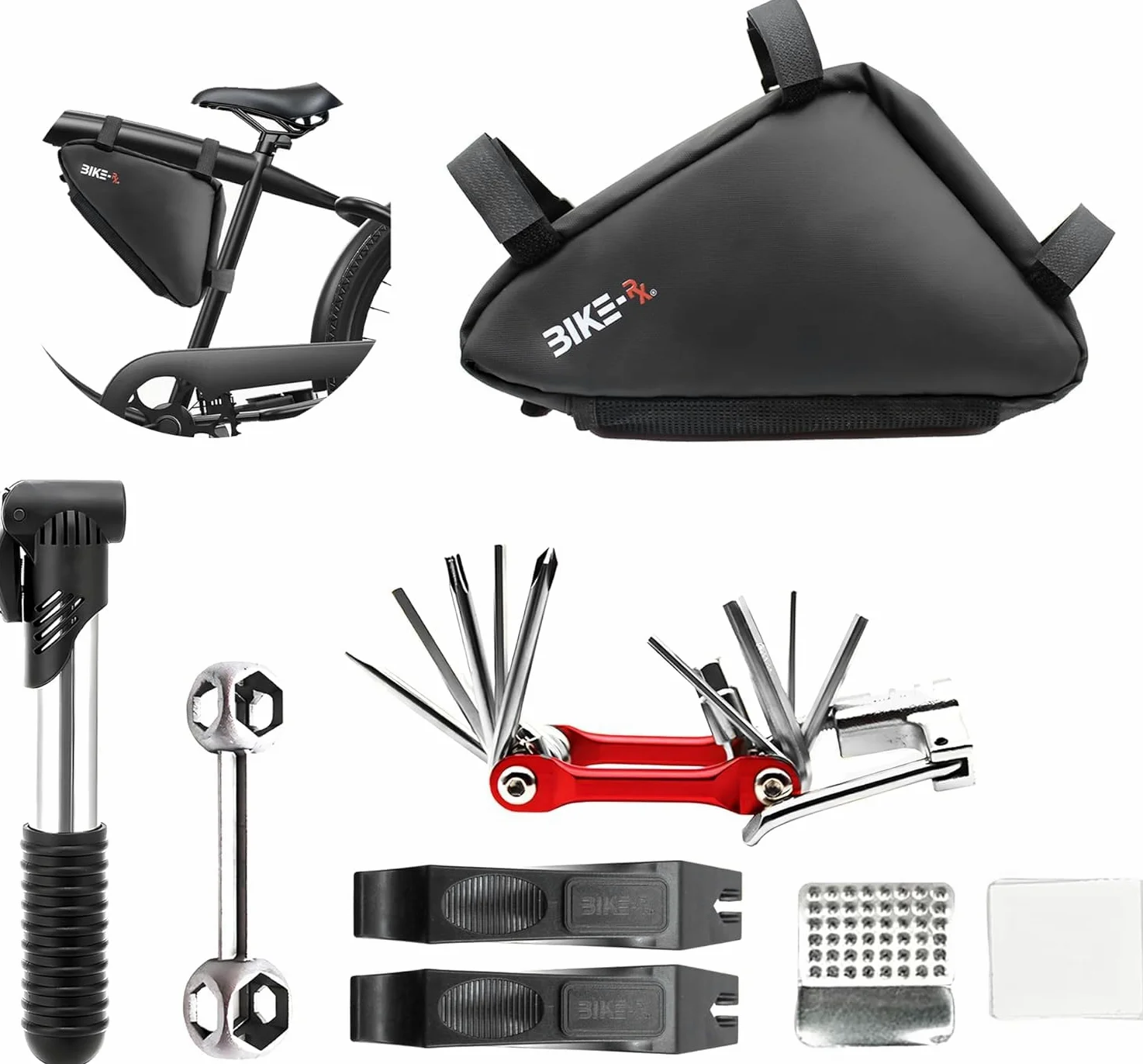 Kit portátil de reparación de bicicletas, juego de herramientas de bicicleta con multiherramienta, mini bomba de 120 PSI, palancas de neumáticos y parches, herramientas de mantenimiento de bicicletas
