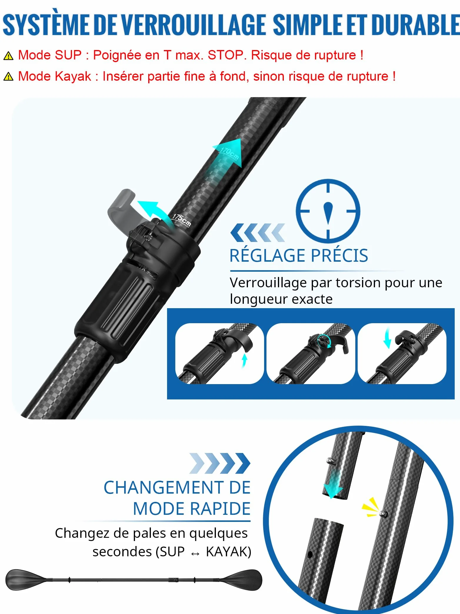 Remo 2 en 1 adecuado para tablas de remo de pie y kayaks – Longitud ajustable de 175 a 210 centímetros – Ligero y resistente – Construcción de fibra de carbono y nailon