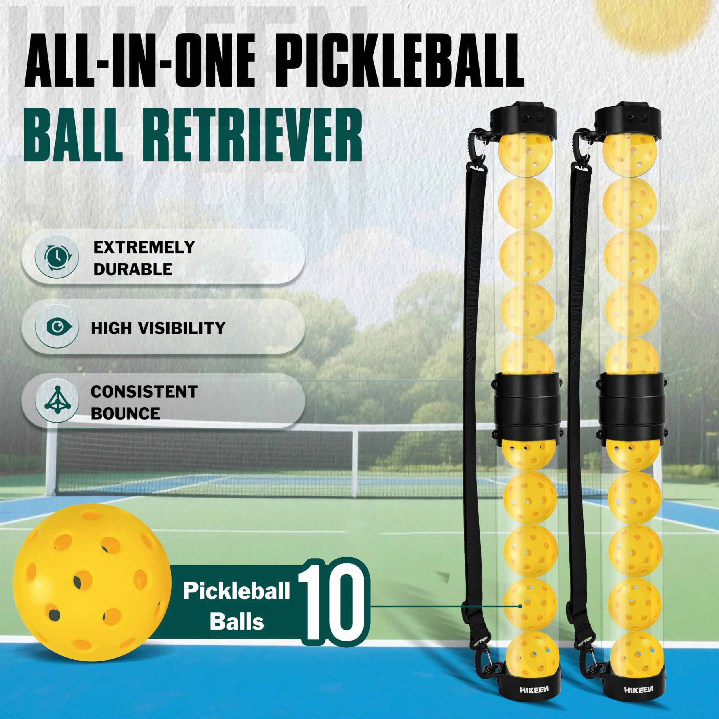 Hikeen Tubo Recuperador Pickleball con 5 Pickleballs, Pickleball Set Portátil con Correa Ajustable para Entrenamiento Pickleball, Accesorios Pickleball para Transportar y Almacenar