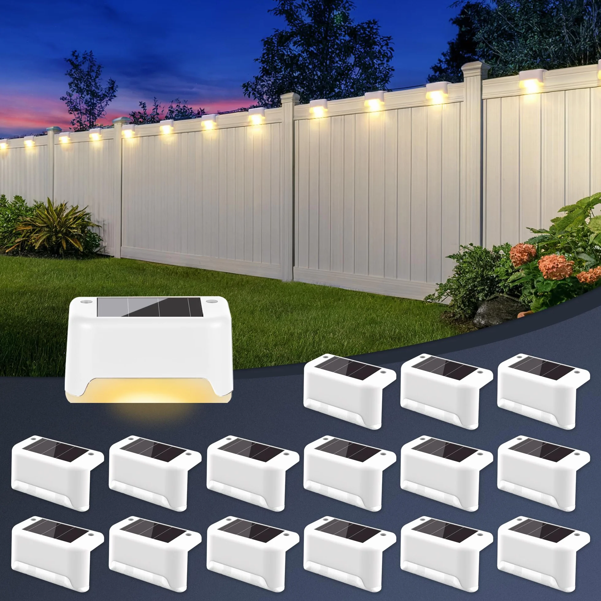 GIGALUMI Luces Solares para Exteriores Pack de 16, LED Impermeables para Escaleras, Escalones, Vallas, Patios, Terrazas, Blanco Cálido