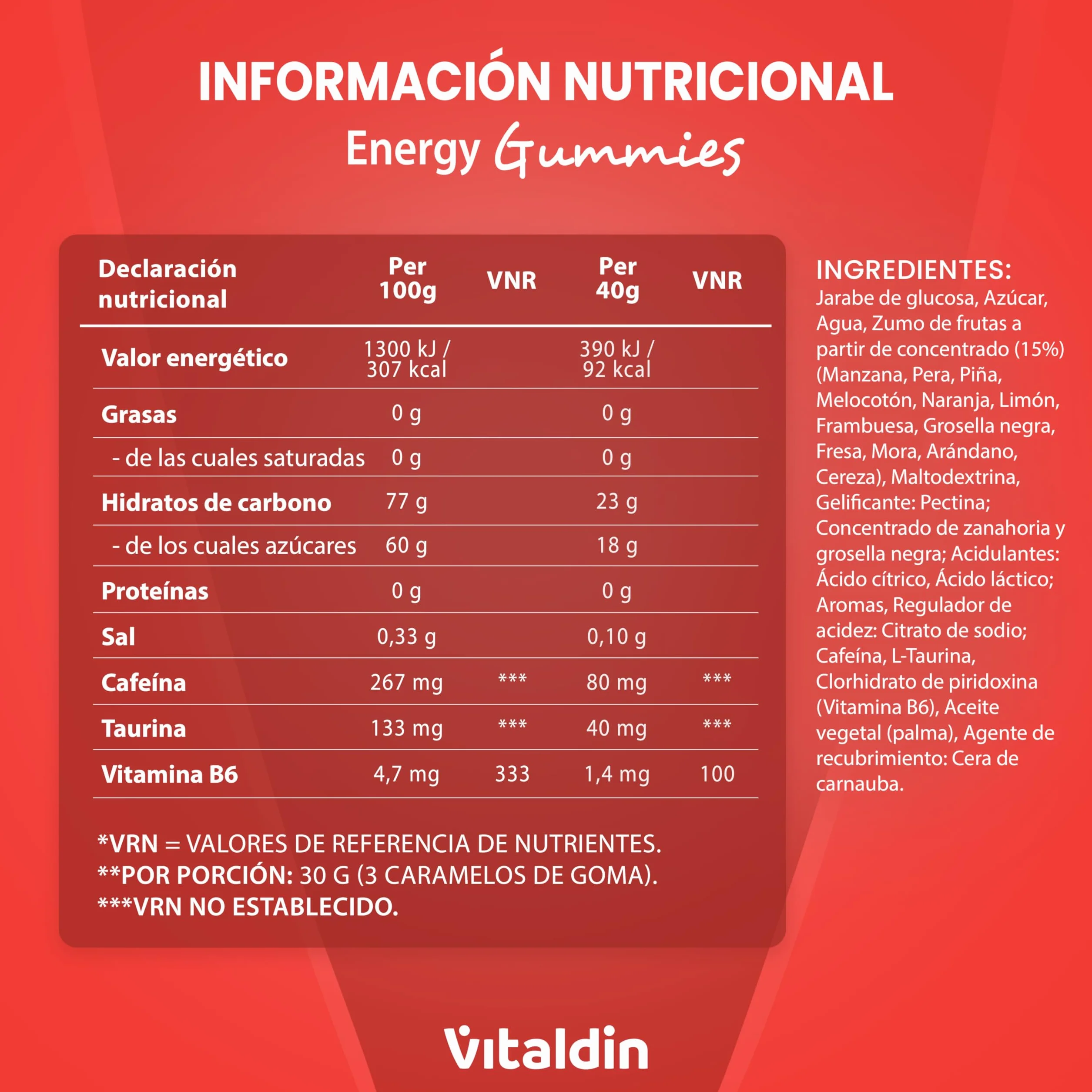 VITALDIN SPORT Power Gummies Caffeine & Taurine 80 mg Cafeína 40 mg Taurina Vitamina B6 30 Bites Sabor frutos rojos Vegano