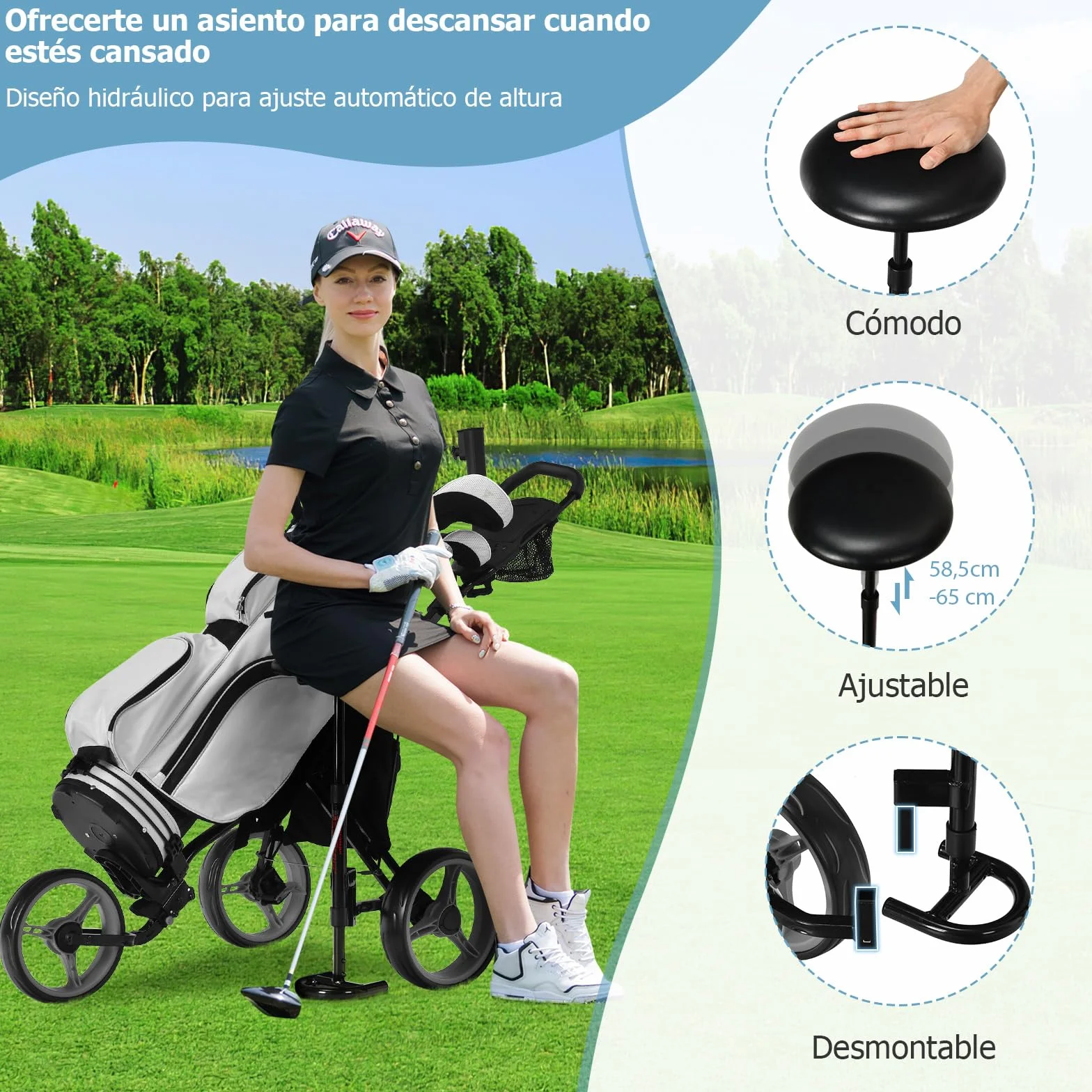 COSTWAY Carro de Golf Plegable 3 Ruedas con Altura Regulable, Asiento, Porta Paraguas y Bebidas
