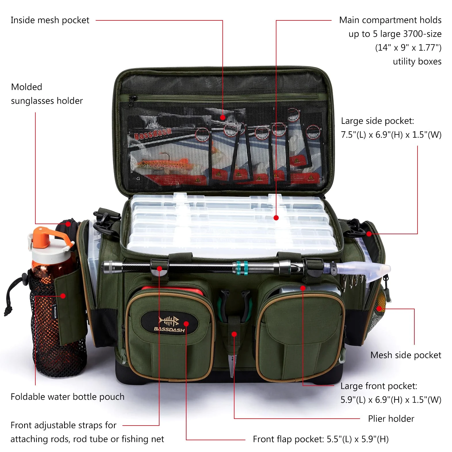 Bassdash Bolsa de Aparejos de Pesca, Bolsas de Pesca de Gran Capacidad,Impermeable y Ligero，con Cubierta de Lluvia Inferior
