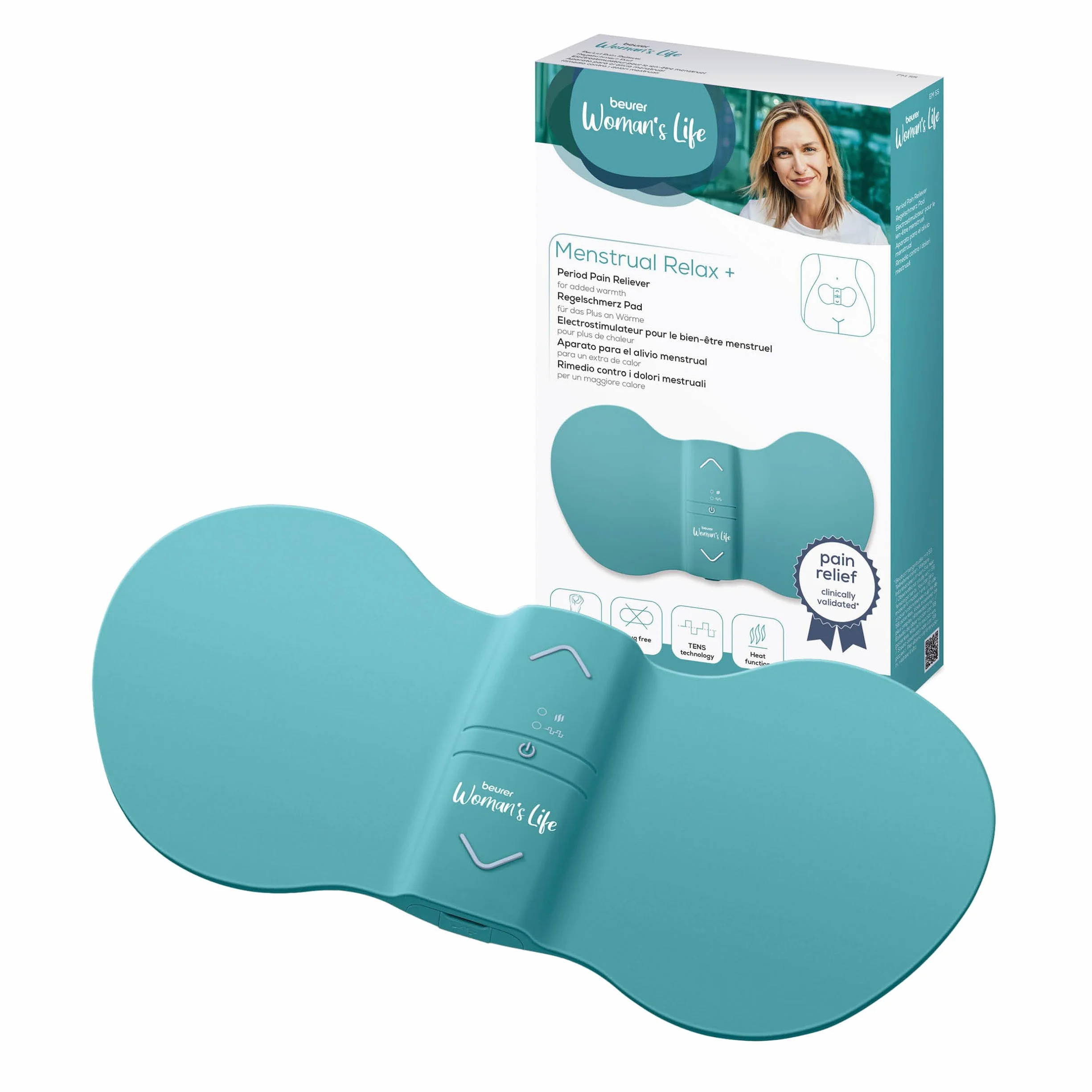 Beurer EM 55 Menstrual Relax+ TENS calor batería recargable dolor menstrual endometriosis turquesa