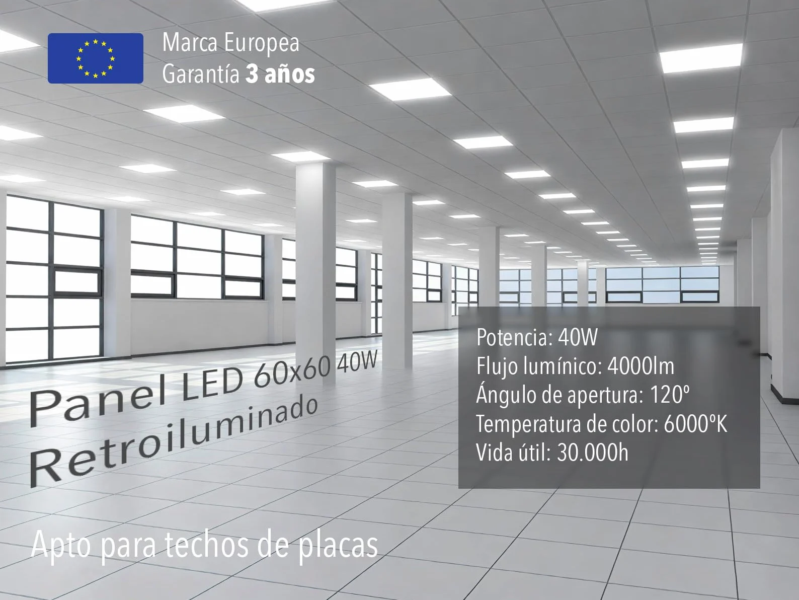 Panel LED 60x60 40W retroiluminado marco blanco 120º Luz fría para techo