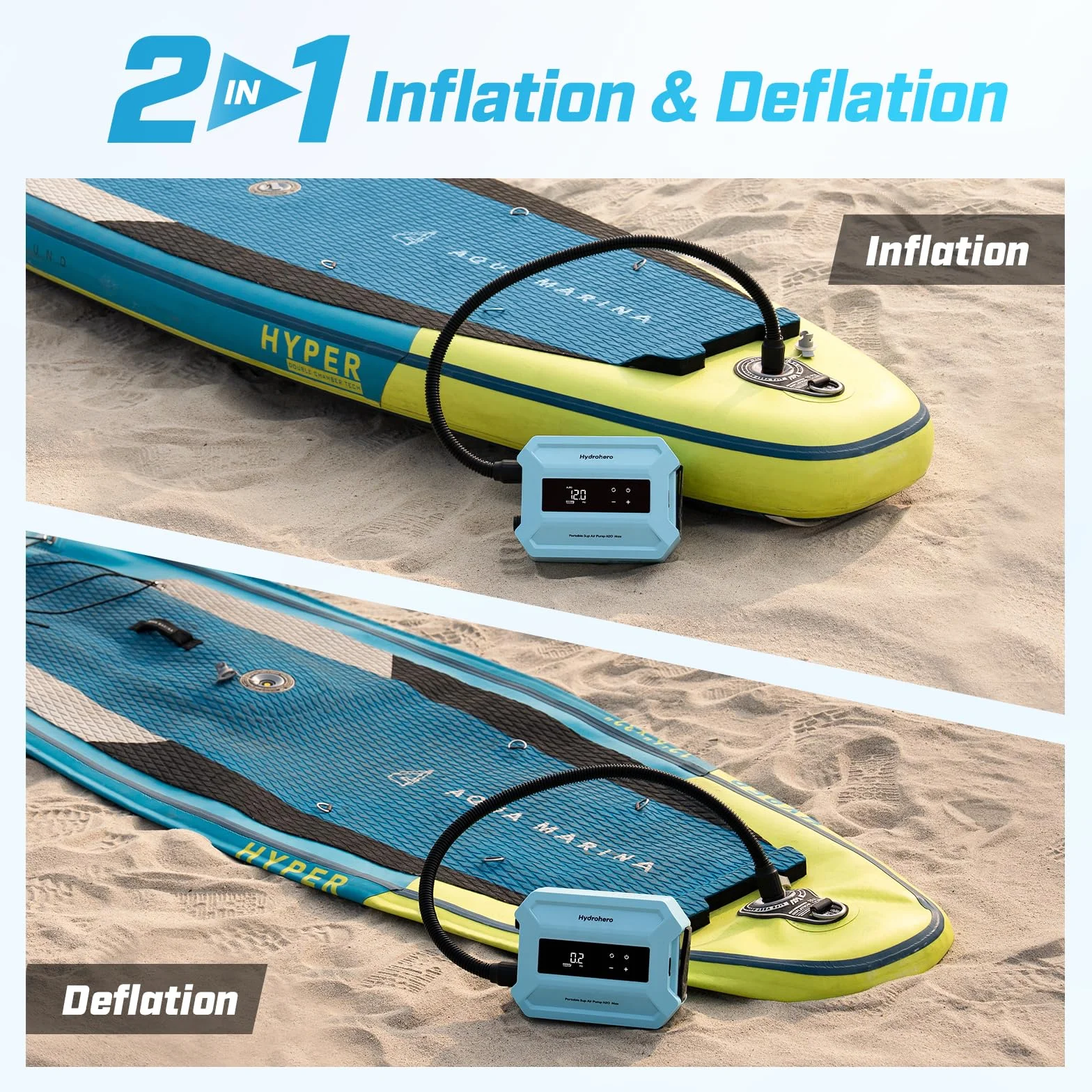 Hydrohero Bomba Paddle Board Recargable, Bomba Sup Eléctrica Portátil 20PSI MAX, Inflado/Desinflado Doble Etapa, Pantalla LED, Auto-Off, para Paddleboards, Kayaks, Botes Inflables y Tiendas