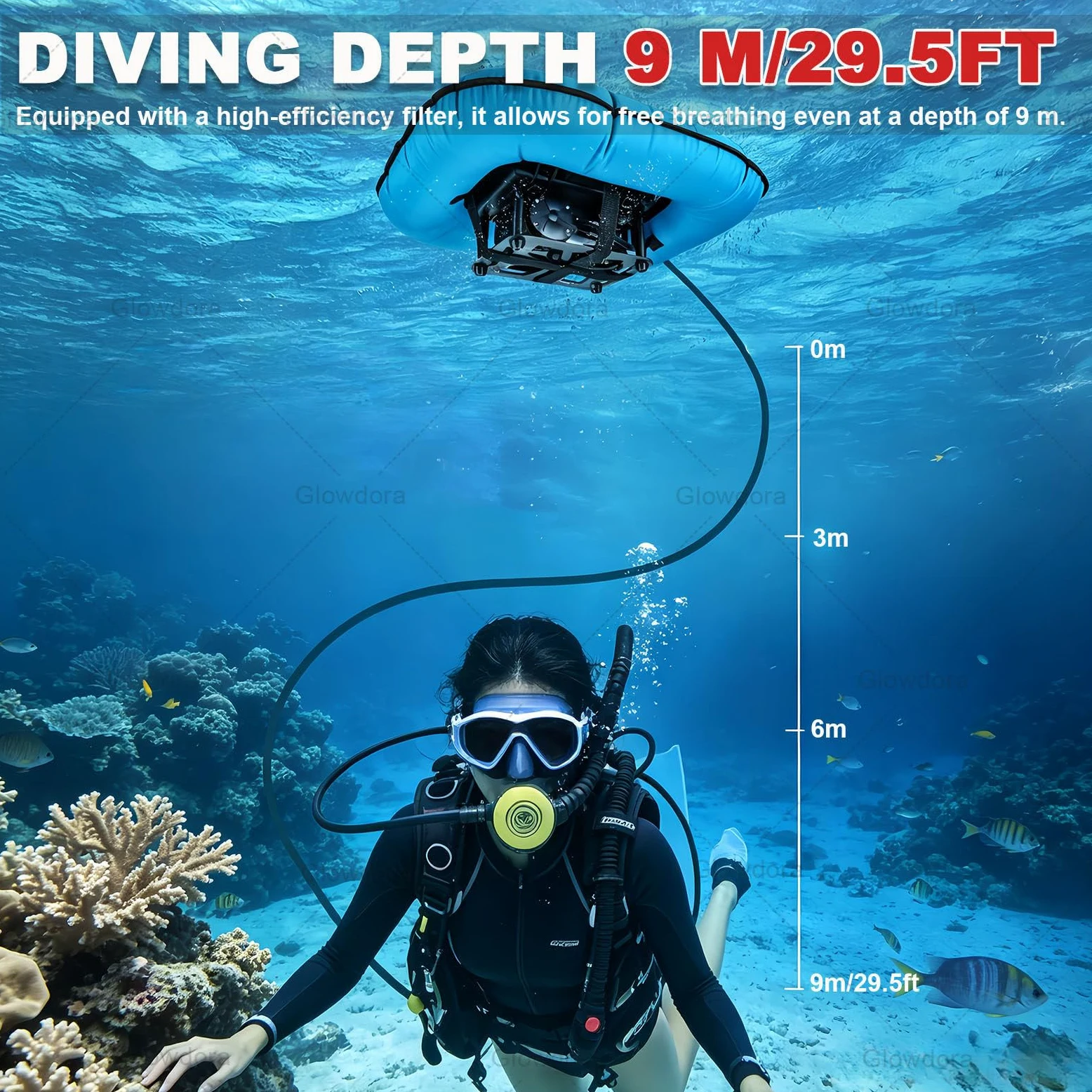Sistemas de Buceo sin Tanque con Ventilador, Dispositivo de respiración subacuática Red | Respirador portátil recargable para buceo con compresor de aire, manguera de 9 m y regulador de respiración.
